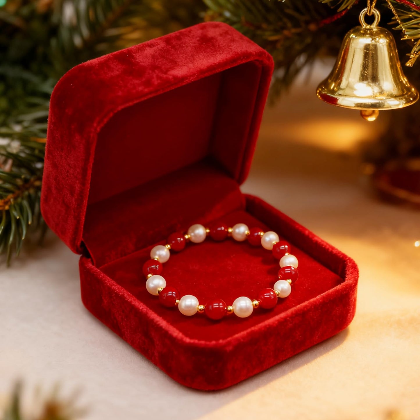 LANFUNI Christmas Bracelet, Shell Pearl Red Agate Elastic Rope Bracelet for Women Sparkly Red and White bracelet Chriatmas Jewelry