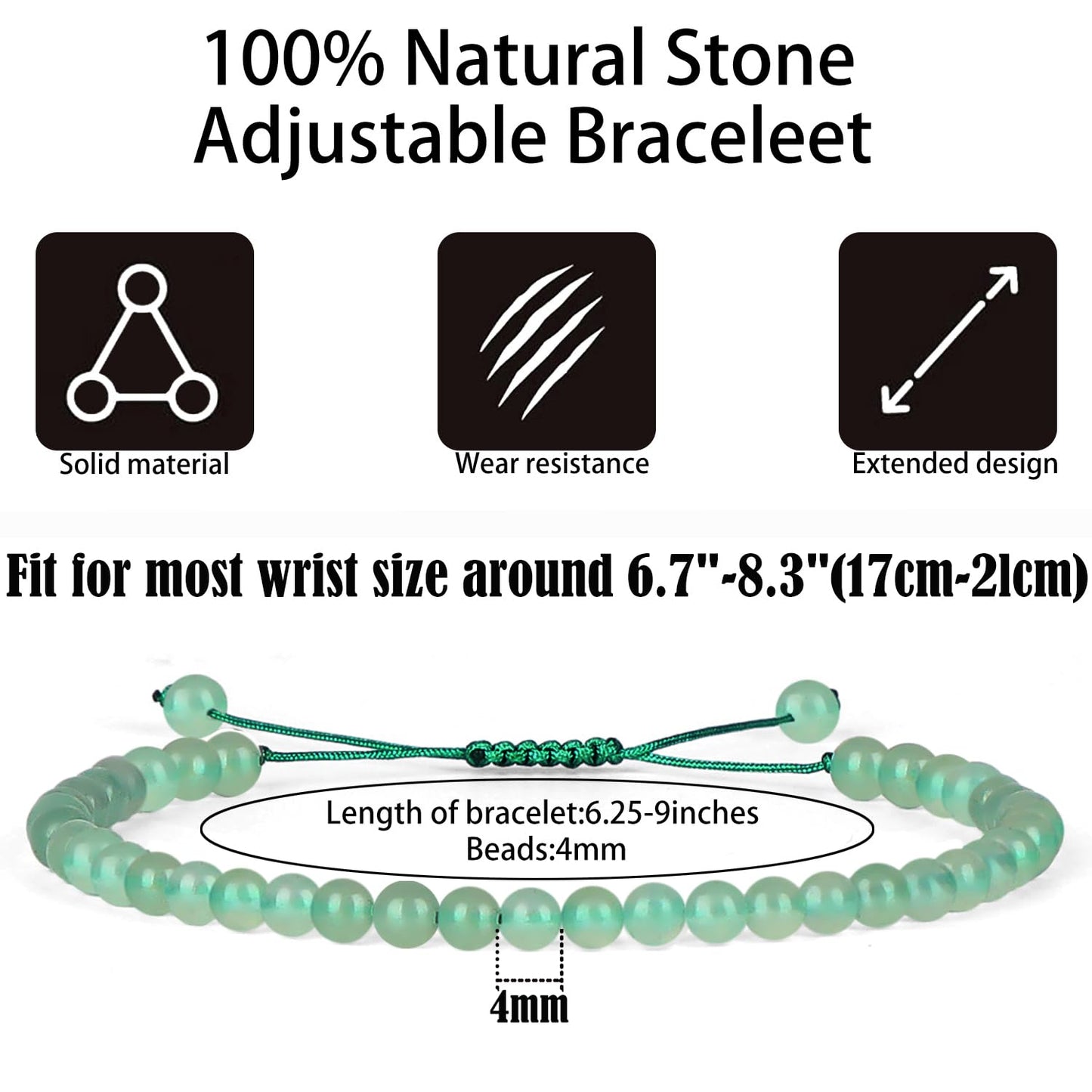 QOGIR Handmade Healing Stones Bracelet,4mm Natural Green Aventurine Gemstone Beads Bracelet,for Men Women Gifts with 2PCS Size Adjustable Rope Bracelets