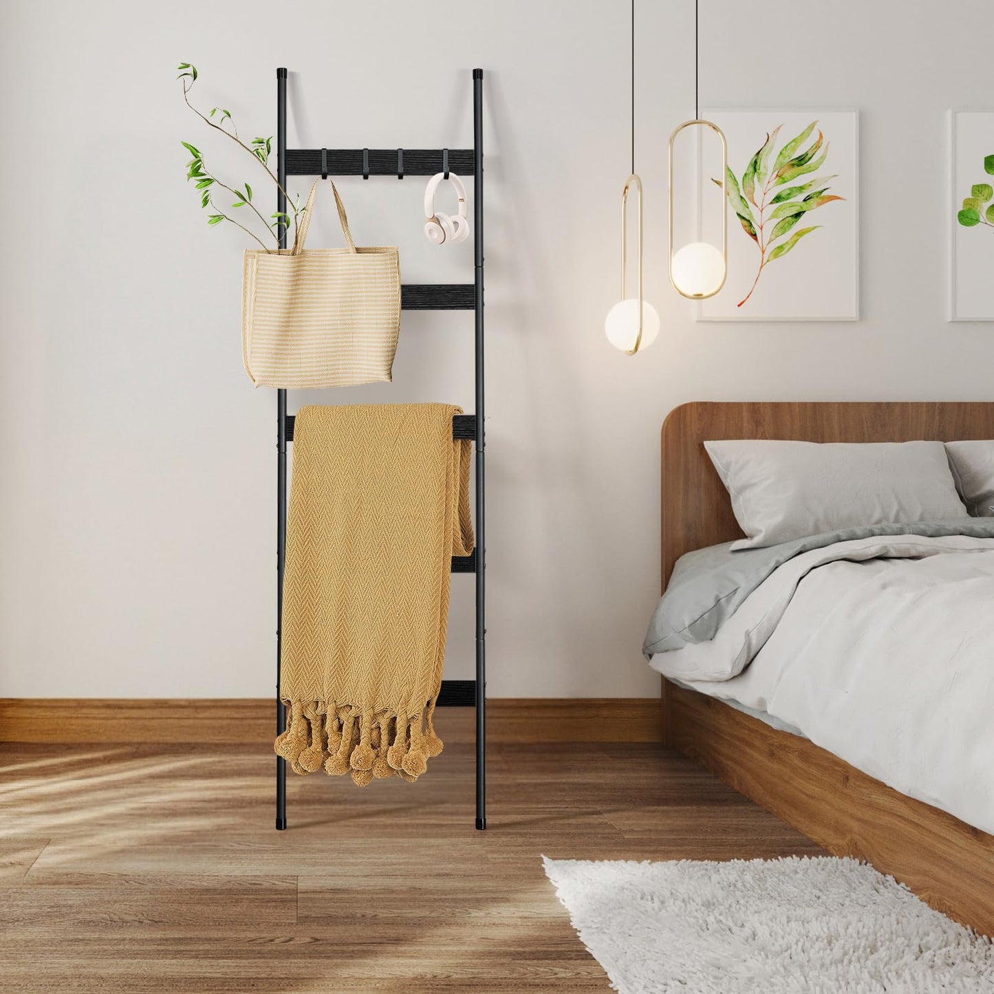 ELYKEN Blanket Ladder for Living Room, Farmhouse 5-Tier Quilt Holder with 4 Removable Hooks for Bathroom, Wood Towel Rack Display, Wall Anchor Leaning Decorative Stand for Home, Black