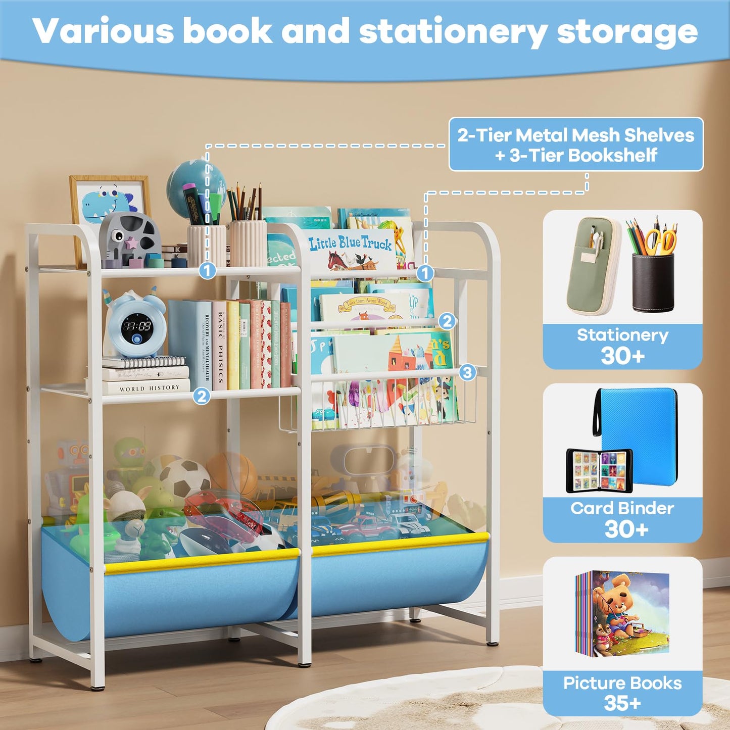 GUIBUKEYAN 3 in 1 Kids Bookshelf and Toy Storage Organizer, Baby Montessori Bookshelf Book Organizer for Kids, Toddler Book Display Shelf Ideal for Classrooms, Playrooms and Nurseries (Light Blue)