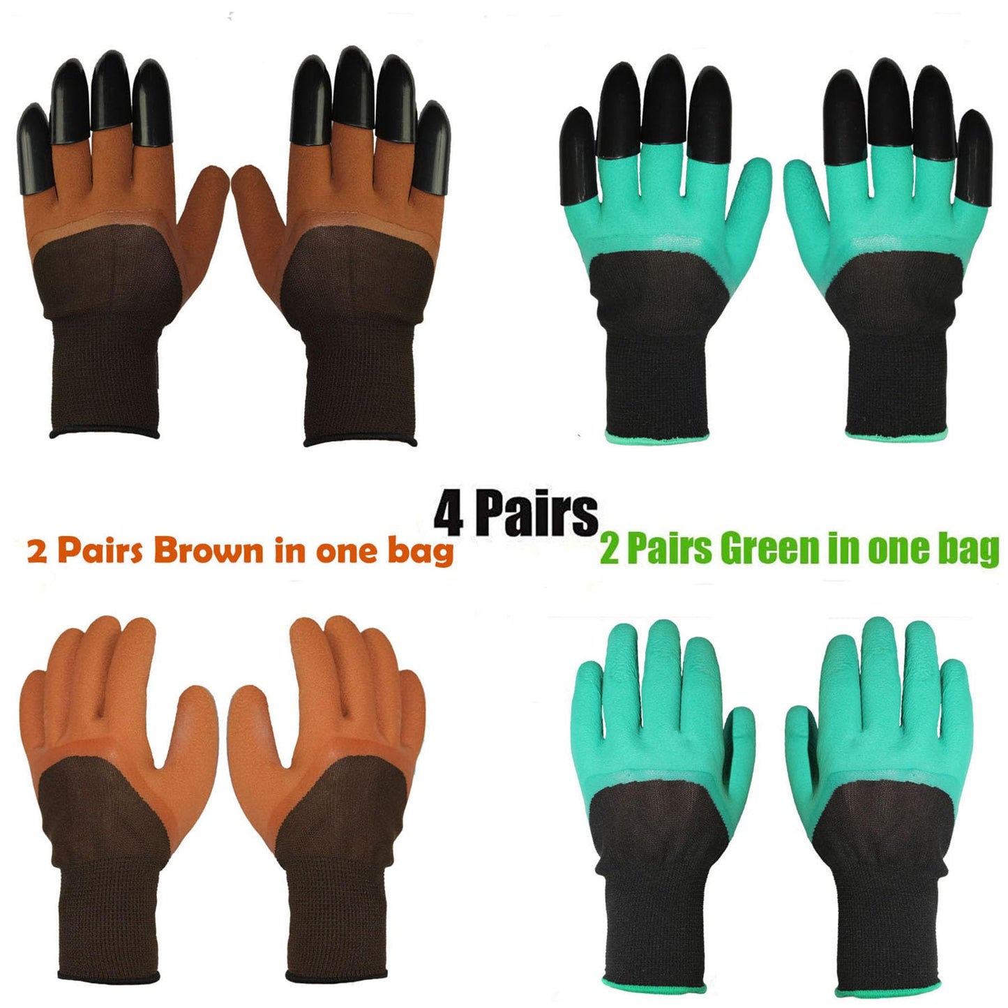 UIOOIU Gardening Gloves with Claws for Digging Planting and Weeding Waterproof Breathable for Gardeners (4 Pairs Brown and Green)