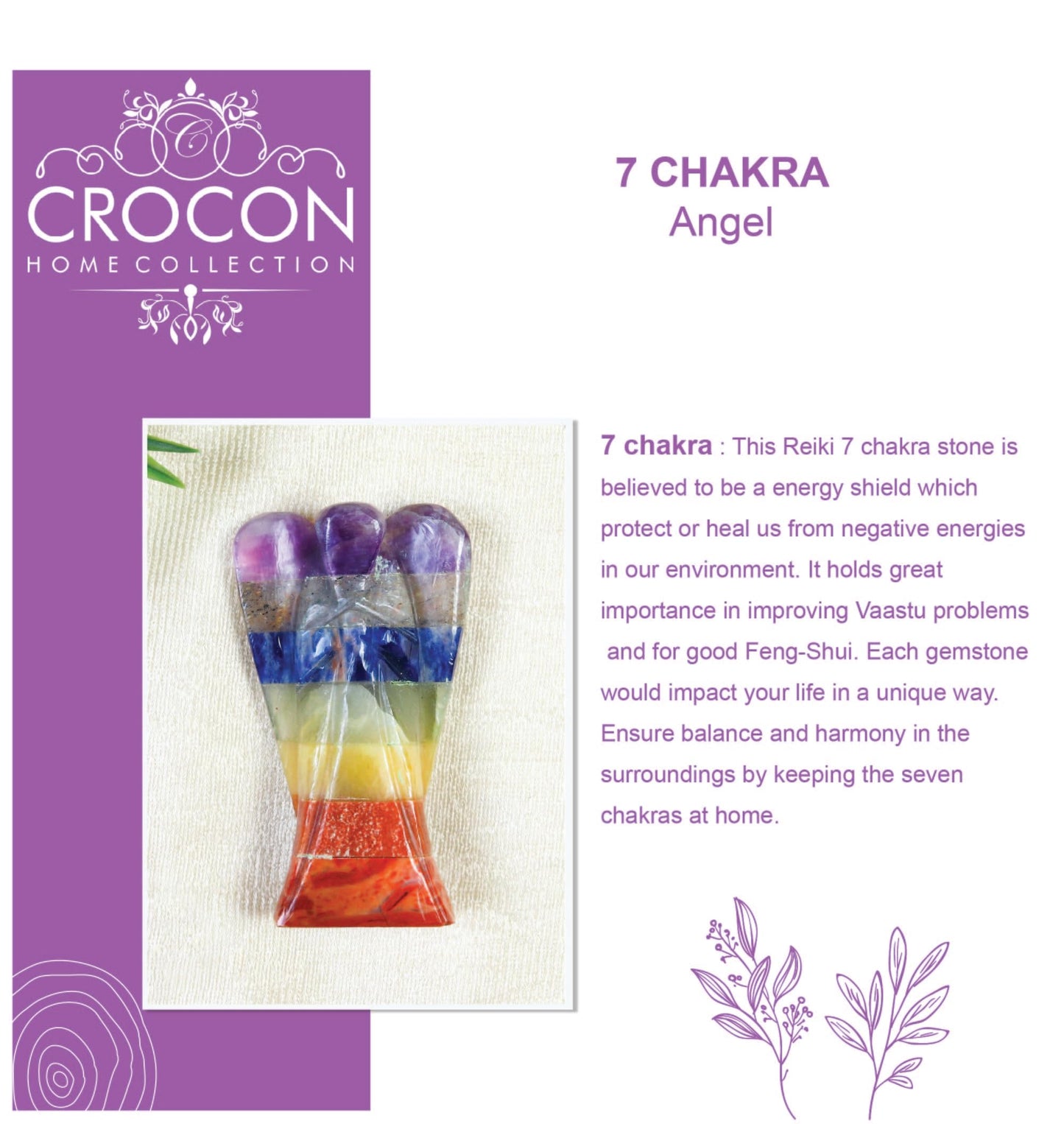 Crocon Seven Chakra Gemstone Pocket Angel Healing Figurine, Hand Carved Guardian Angel Crystals for Positive Energy, Handmade Mini Statue for Love, Peace & Healing, Natural Gemstone Healing Figurine