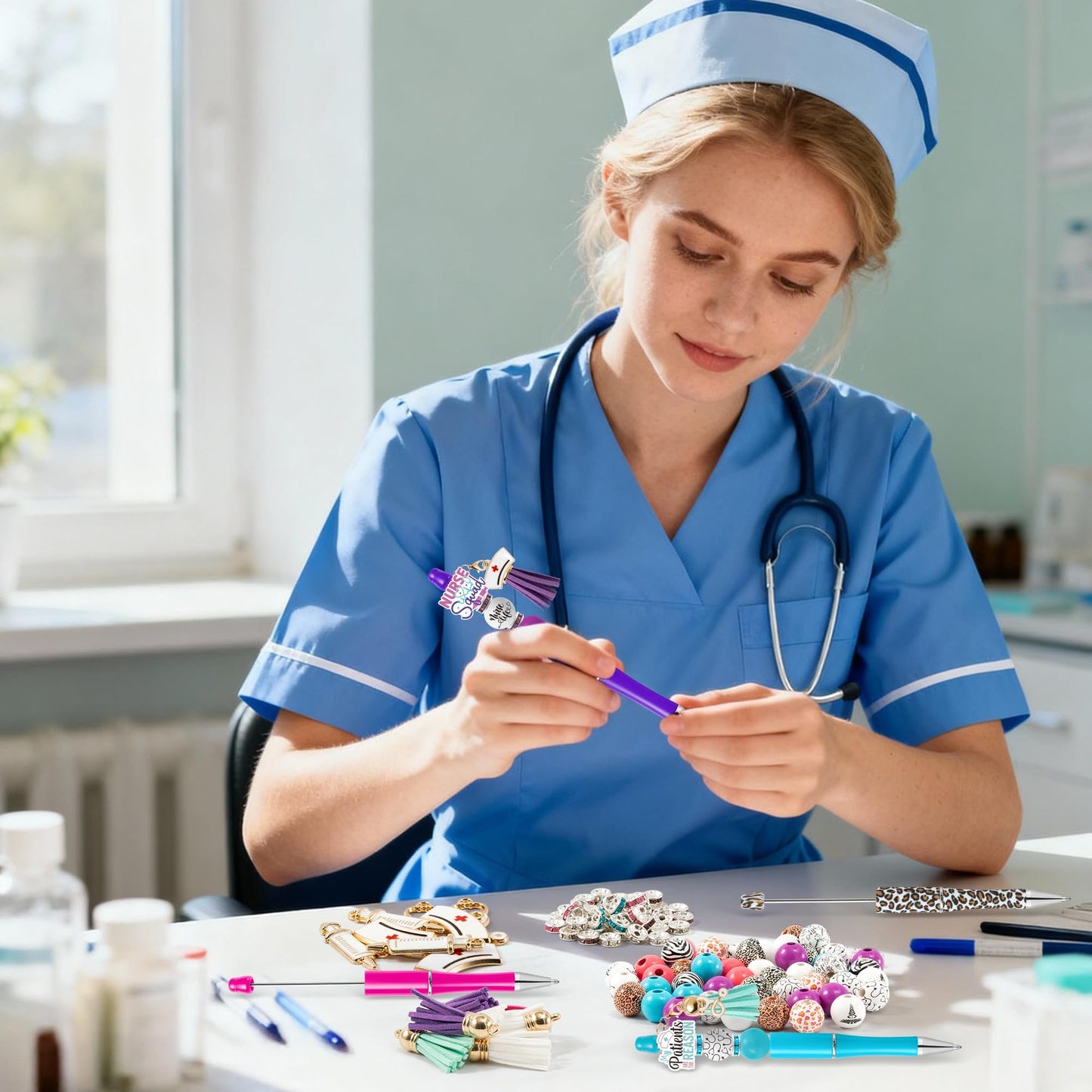 COcnny Nurse Beadable Pens for Women - 12 Set Nursing DIY Ballpoint Craft Making Kit with Bead Craft, Leopard Beaded Pen Bulk Charm Tassel Supplies for Nurse Week Hospital Appreciation Gift