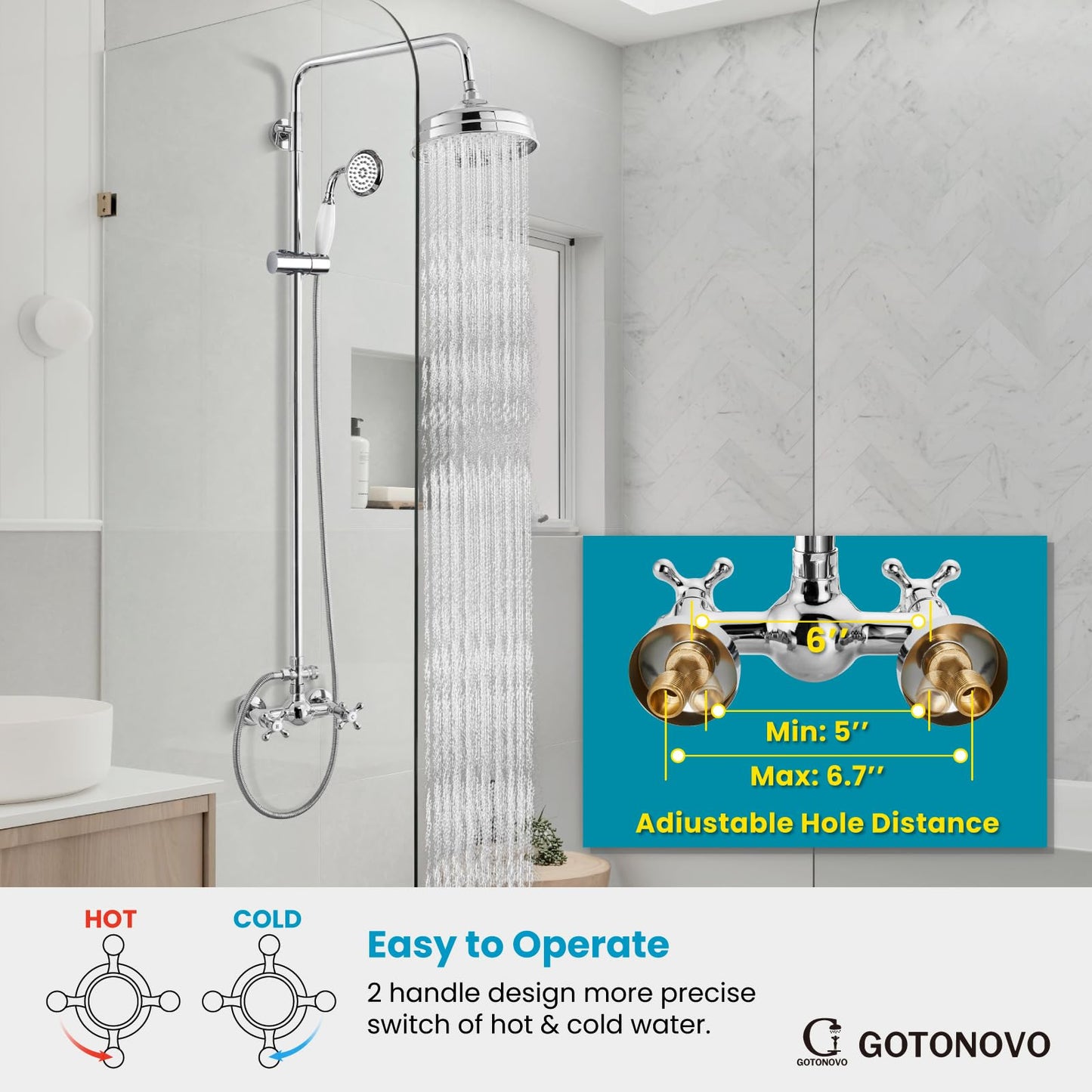gotonovo Luxury Exposed Shower Faucet Set Bathroom Shower System 8 Inch Wall Mount Rainfall Shower Head with Handheld Spray Cross Double Handle Shower Fixture Adjustable Straight Rod Polish Chrome