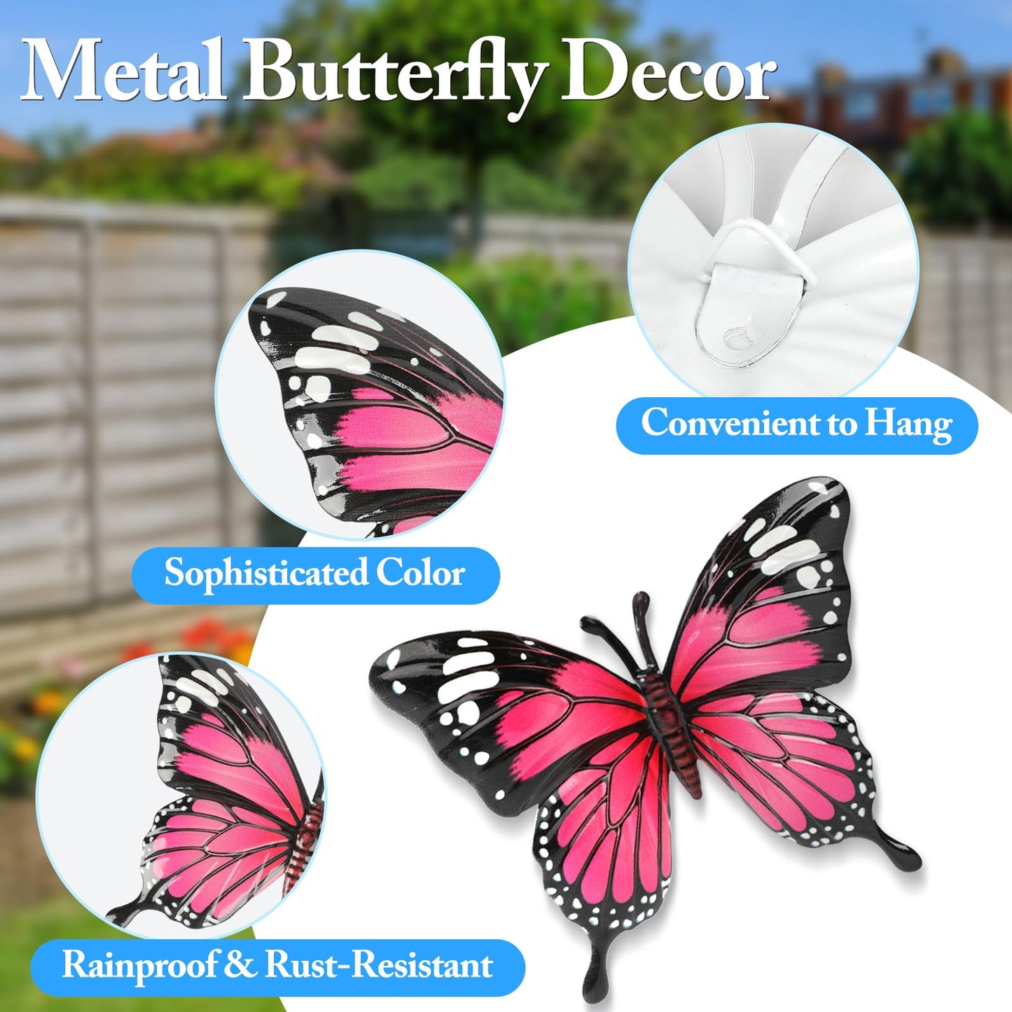 LSFFM 4 Pack Metal Butterfly Decorations, 6.7 in Butterfly Wall Art Sculpture Hanging Decor, Metal Butterflies Outdoor Decor for The Garden, Patio, Fence, Home, and Yard