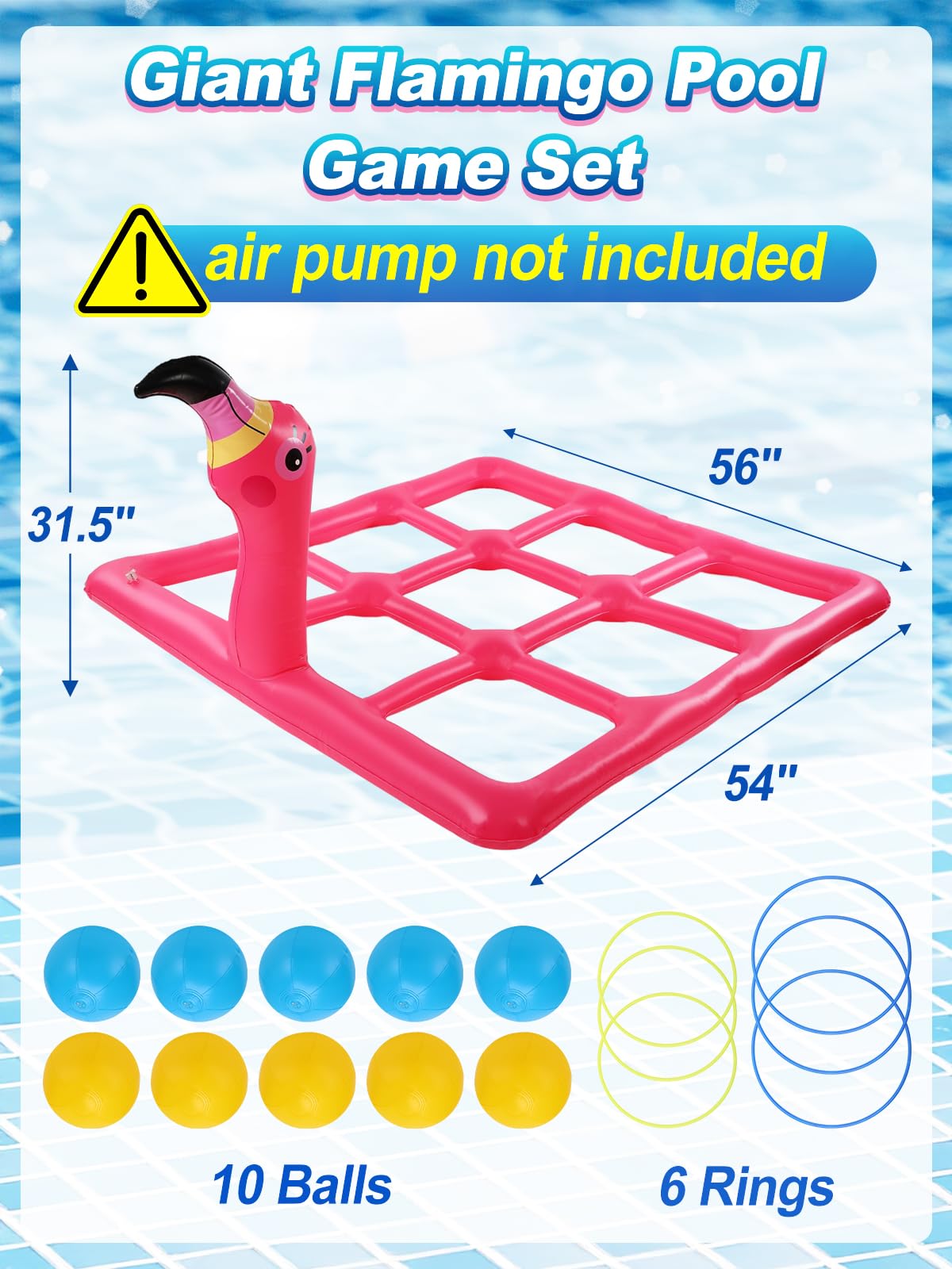 MADHOLLY 2 in 1 Pool Games Set for 2-10 Players - Inflatable Tic-Tac-Toe & Flamingo Ring Toss with 10 Balls & 6 Rings, Outdoor Summer Beach Yard Toys for Family, Adults, Kids