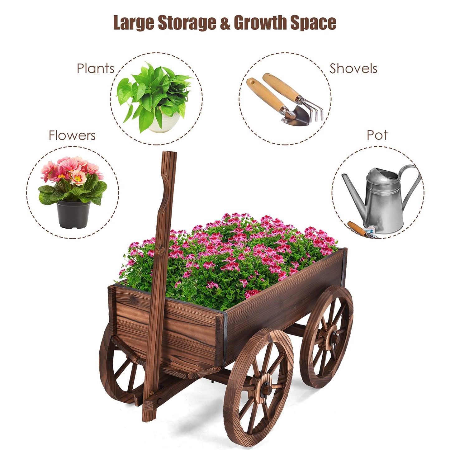 Tangkula Wooden Wagon Planter Box, Decorative Garden Planter w/Wheels, Handle, Drain Hole, Rustic Wooden Flower Cart for Indoor & Outdoor Decor for Patio, Garden, Balcony (29.5" L x 17" W x 21" H)
