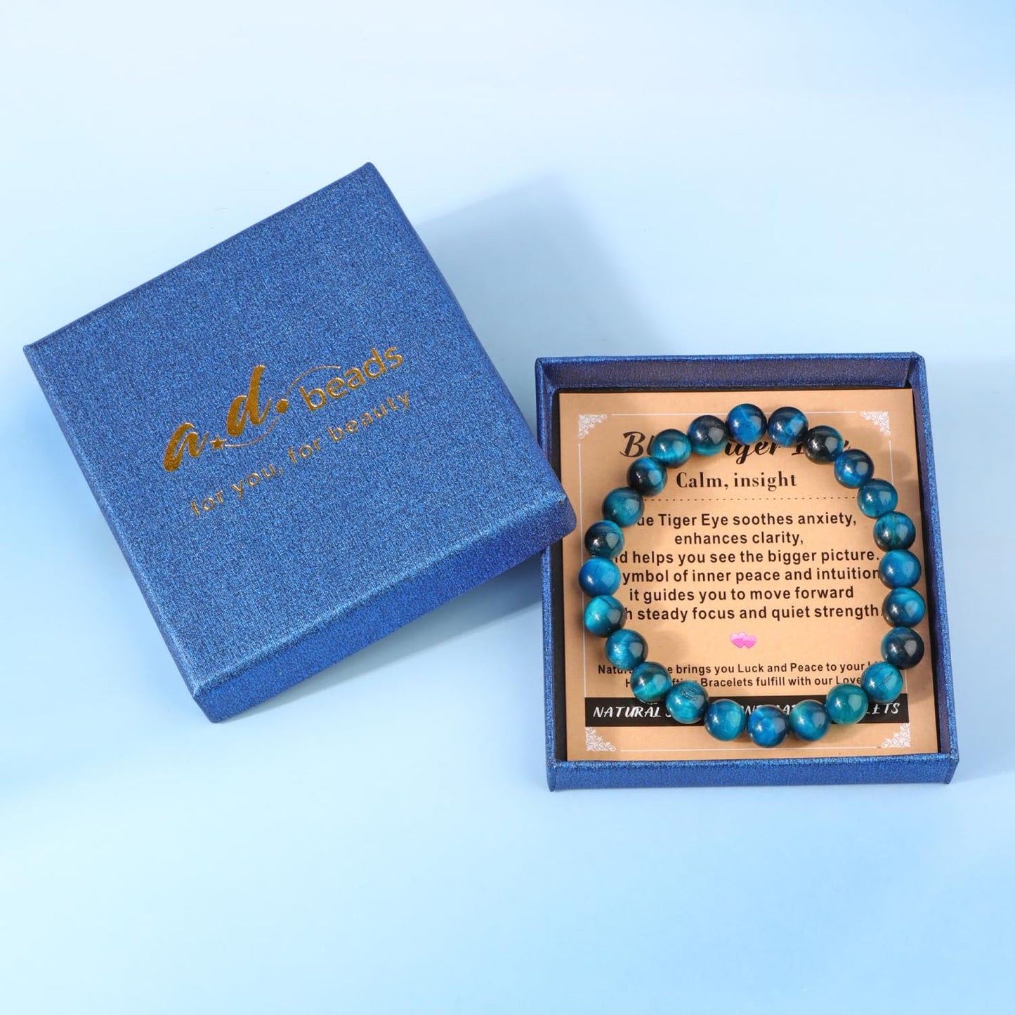 AD Beads 8mm Handmade Blue Tiger Eye Elastic Bracelet – Natural Gemstone for Calm and insight – Meditation, Yoga, Healing and Energy Gift for Men Women