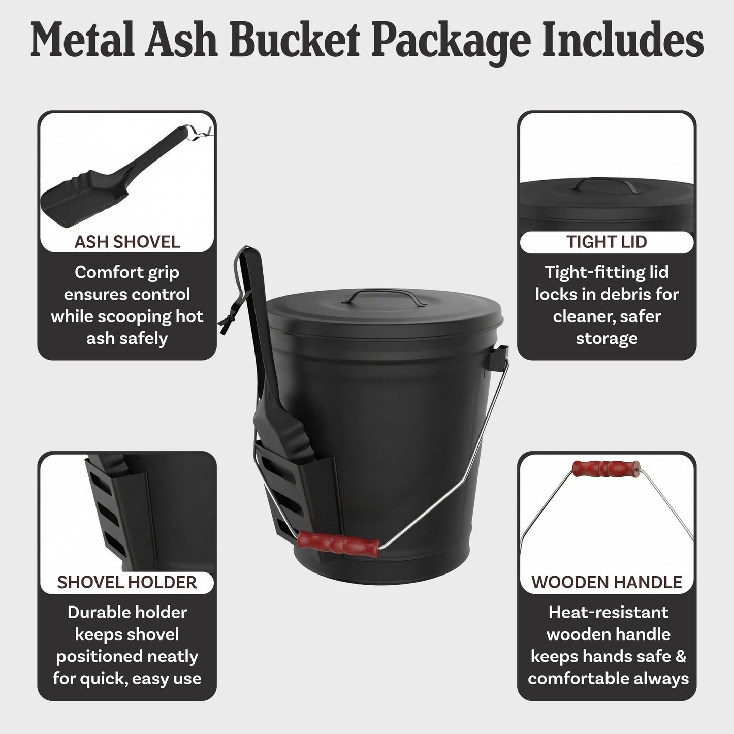 Ash Bucket - 4.75-Gallon Metal Bucket with Lid and Shovel for Fireplace or Firepit Ashes - Heat Resistant Fireplace Tools by Pure Garden (Black)