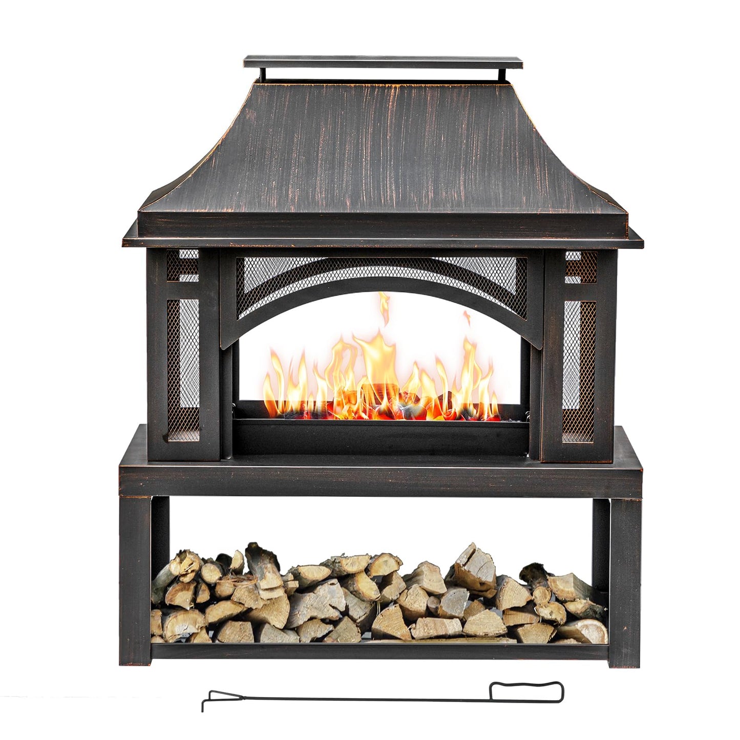 39" Fire Pits with Wood Storage for Outside, Large Wood Burning Outdoor Fireplace with Chimney, Mesh Spark Screen & Fire Poker, Idea for Backyard, Patio, Party, Camping, Picnic