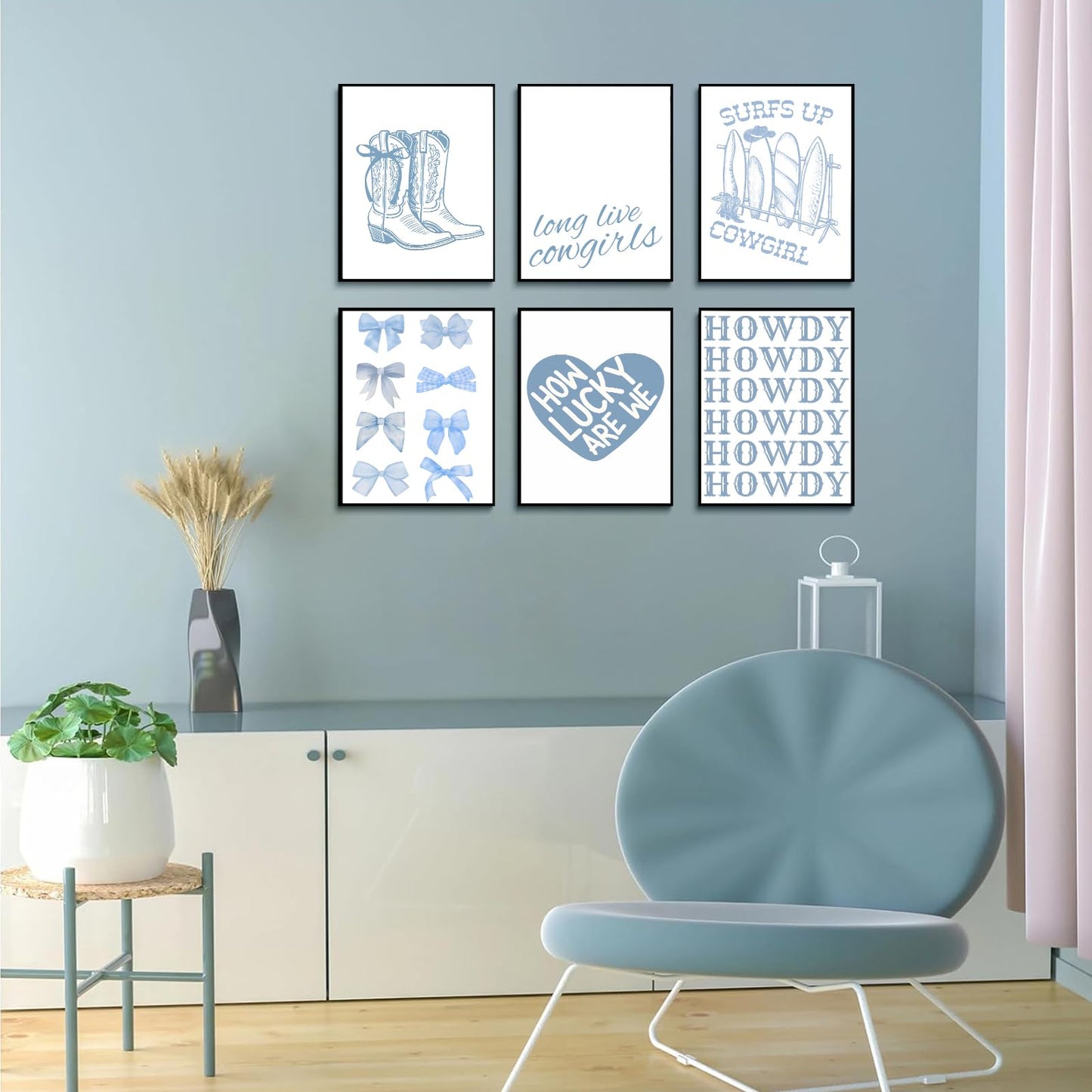 Coastal Cowgirl Wall Art Prints Set of 6 Trendy Blue Bow Boots Surfer Posters Coastal Granddaughter Preppy Aesthetic Wall Decor Pictures for Girly Bedroom Dorm Apartment Decoration Unframed 8x10in