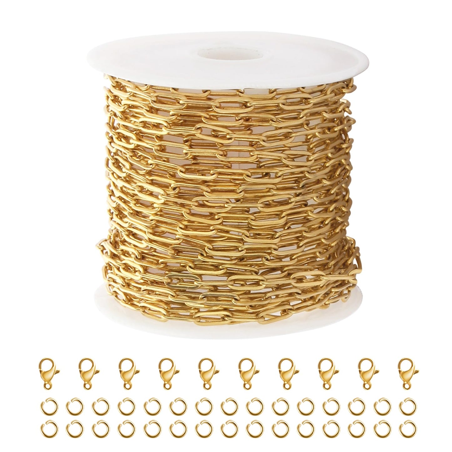 Kyutong 5M Gold PVD Plated Necklace Chain for Jewelry Making 304 Stainless Steel Paperclip Chain Roll with Lobster Clasps and Jump Rings for Men Women Making Jewelry Craft Support Jewelry Findings