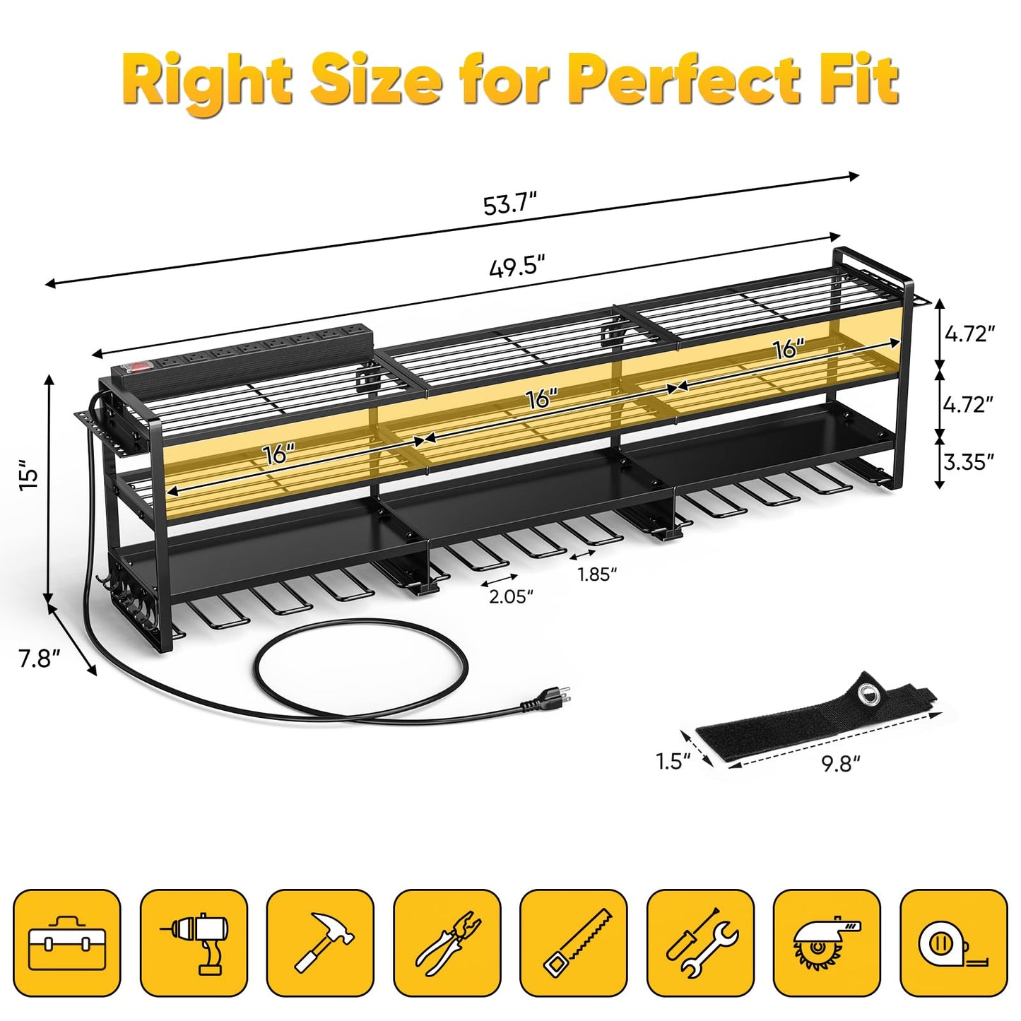 POKIPO 49.5" W Large Power Tool Organizer Wall Mount with Charging Station, 4 Tier Heavy Duty 12 Cordless Drills Holder Load 800 lb, Tool Battery Storage Rack Built in 8 Outlet Power Strip for Garage