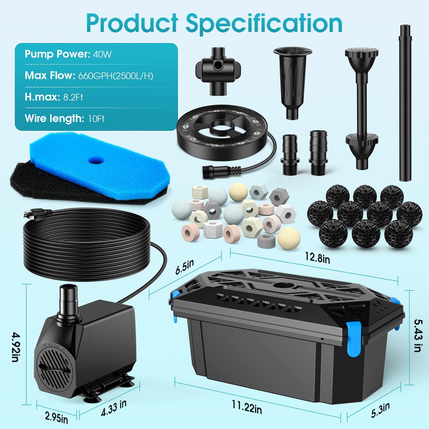 POPOSOAP RGB Pond Filter with Pump Fountain Kits, 660GPH Pond Filter Box With 40W Pond Pump & RGB Auto-Cycle LED Lights, Koi Pond Filters for Outdoor Ponds Clean, Clear, and Add Water Features