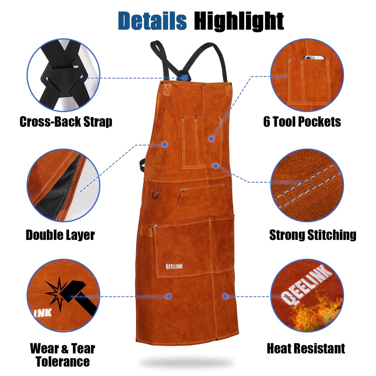 QeeLink Leather Welding Work Shop Apron with 6 Tool Pockets, Heat & Flame Resistant Cowhide Heavy Duty Blacksmith Apron, 24" x 36", Adjustable M to XXXL for Men & Women (Brown)