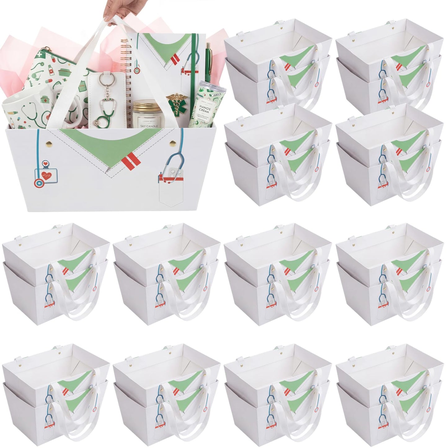 Supervitae 60 Pcs Nurse Graduation Gift Baskets Bulk with Handles, Empty DIY Paper Gift Basket Kit with Tissue Paper, Appreciation Gifts Baskets Treat Bag for Nursing, Nurse Week Party Supplies(White)