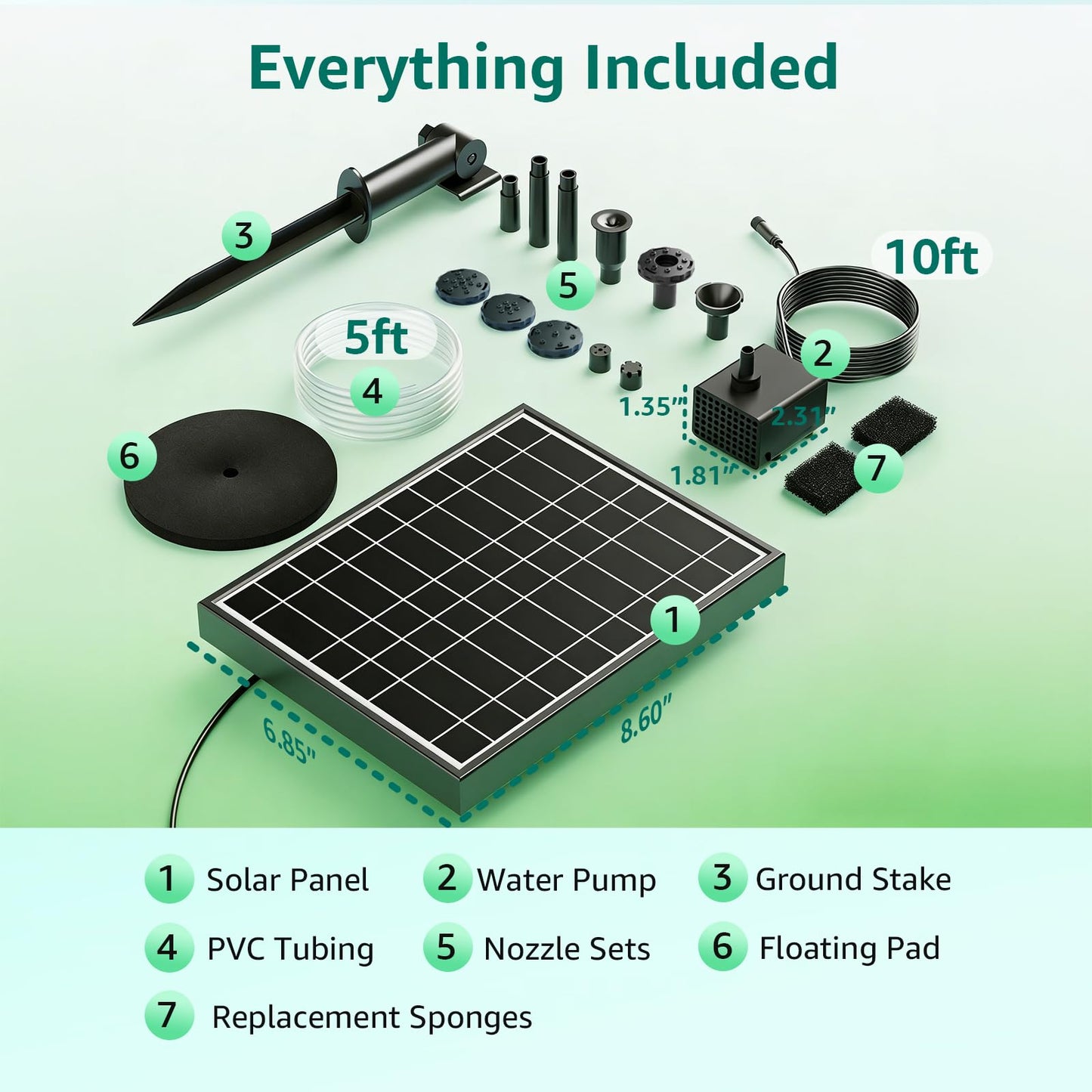 PONDIA Solar Fountain Pump with Battery Backup, 7.5W Solar Water Pump Built-in 3000mAh Battery, Dual-Layer Nozzles 7+ Spray Modes & 5Ft PVC Tubing, Pond Fountain for Bird Bath Garden Water Feature