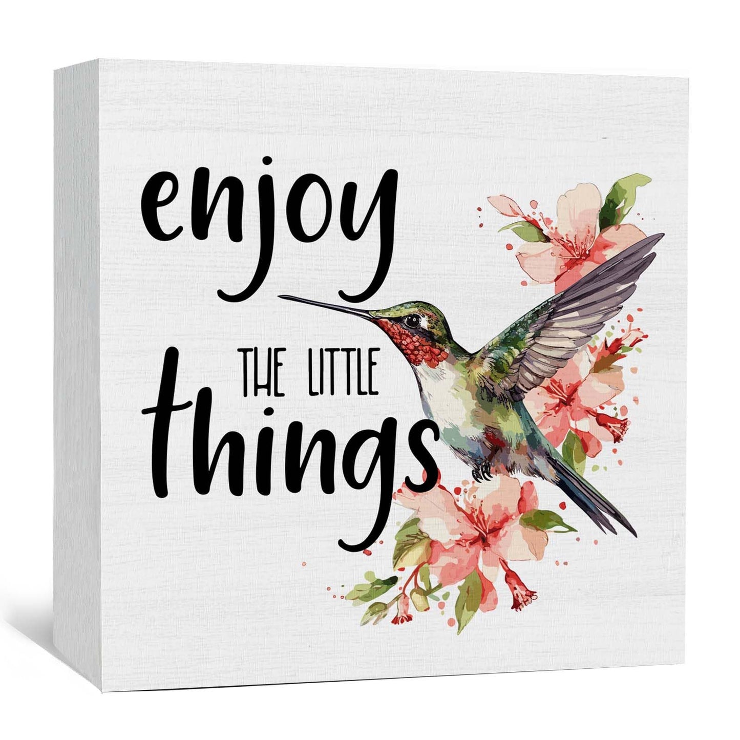 GWOKPAAI Hummingbird Inspirational Wooden Box Signs Desk Decor, Hummingbirds Gifts for Women,Enjoy the Little Things Motivational Wooden Signs Desk Decorations for Home Bedroom Tabletop Shelf,5x5in