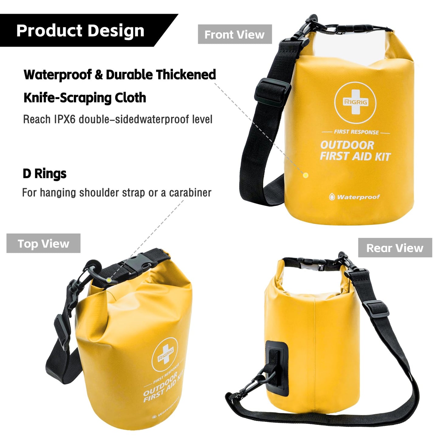 RIGRIG Waterproof First Aid Kit 186 Pcs Survival Gear, Portable Small Boat Dry Bag Bug Out Bags, Emergencies Medical Kit Ideal for Boating, Fishing, Hiking, Camping, Kayaking (Yellow)