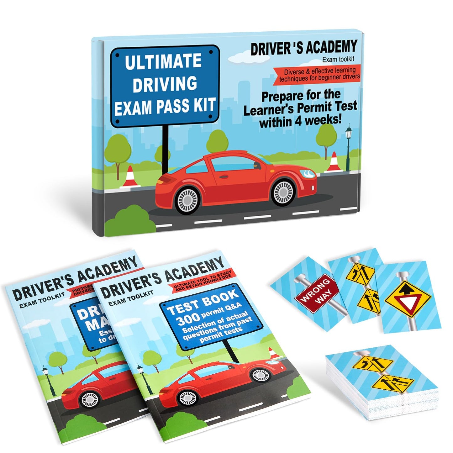 Driver's Academy Exam Toolkit Driving Exam Pass Kit Includes Driver's Manual, Test Book and 60 Double-Sided Road Signs Flashcards for Drivers License Test Prep Teens Boys Girls New Drivers Gift