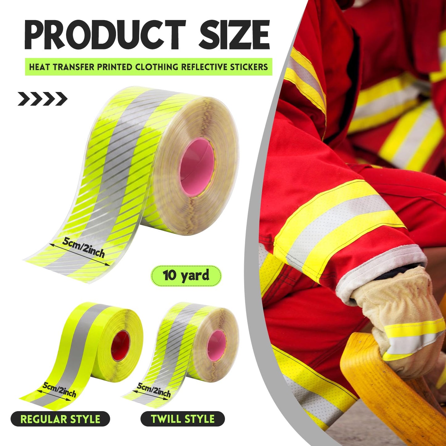 Crowye 2 Pcs 2" x 33ft/11 Yard High Visibility Reflective Heat Transfer Vinyl Tape Silver Iron on Fabric Clothing Tape Safety Heat Transfer Film Supplies for Shirts, 2 Styles(Stripe, Plain, Yellow)