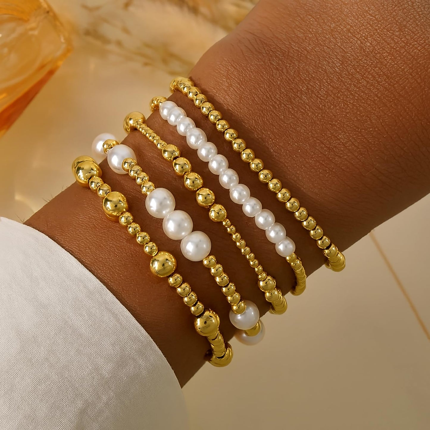 14K Gold Pearl Beaded Bracelet Stack for Women,Dainty Bohemian Stretch Gold Plated Ball Beads Non Tarnish Stackable Bracelets Fashion Holiday Party Jewelry Gift Friendship