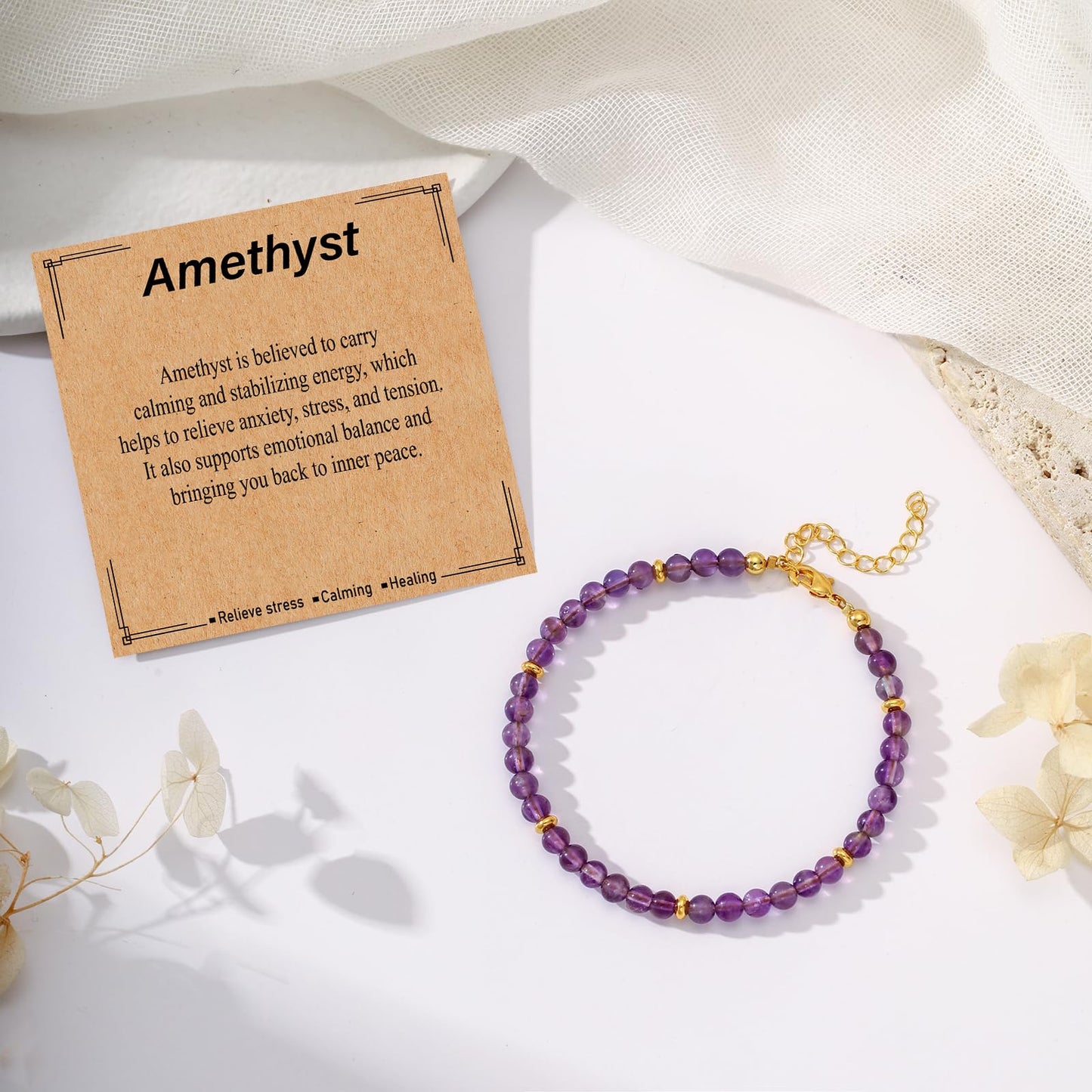 Kenailw Amethyst Crystal Bracelet Purple Gifts for Women Anxiety Relief Items Natural Stone Amethyst Beads Jewelry