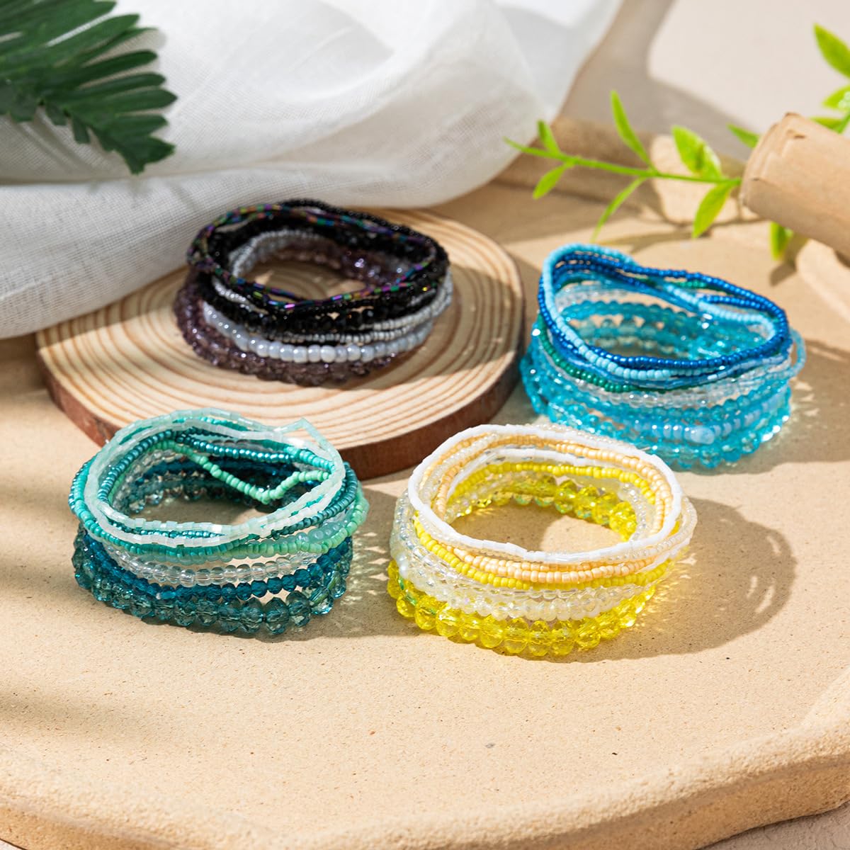 Caiyao Bohemian Multilayer Stackable Seed Beaded Bracelets Colorful Crystal Glass Beads Strand Bangle Bracelet BFF Wristbands Bracelet for Women Summer Beach Hawaii Jewelry Birthday Gifts (Black 2)