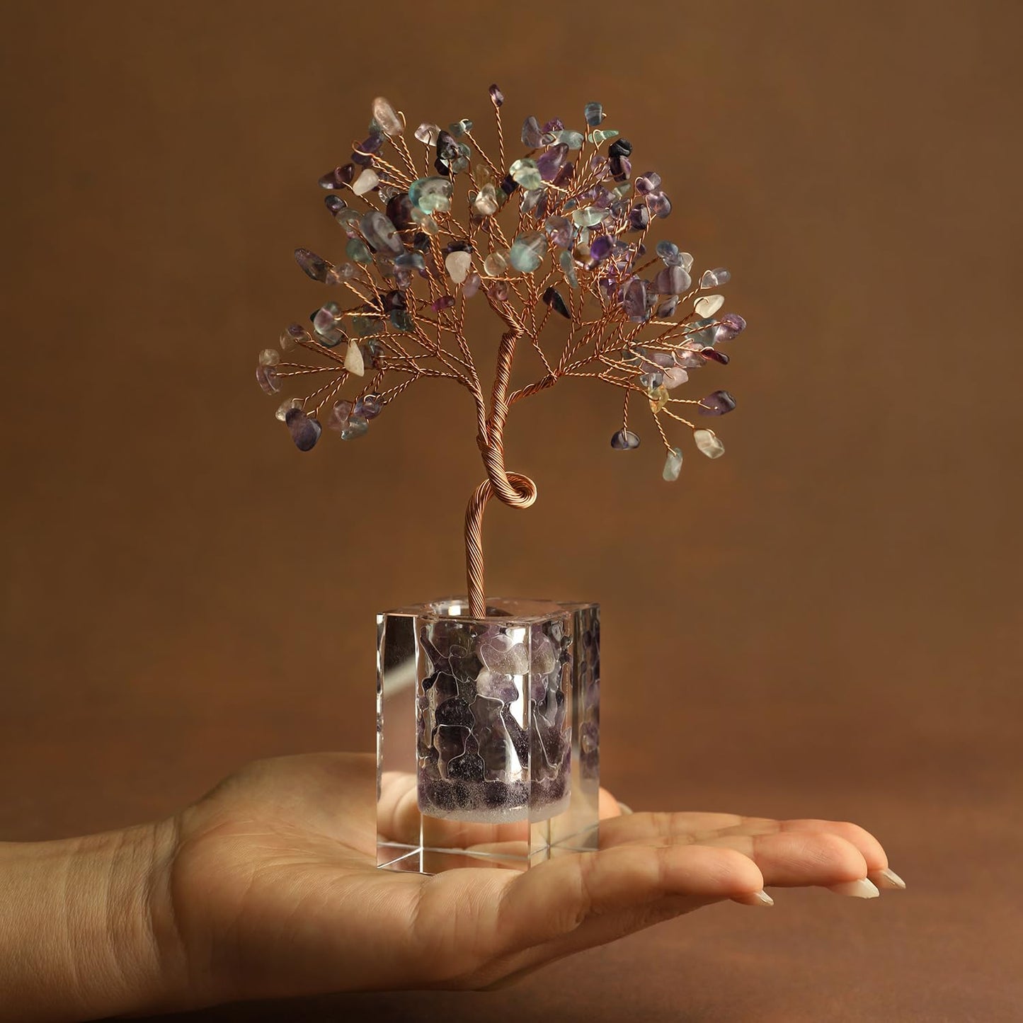 Fluorite Crystal Tree 6.5 Inch Handmade Gem Tree with 147 Stones Office Home Room Decor, Healing Energy Plant for Desk, Gift for Women and Men, Spiritual Meditation Decor