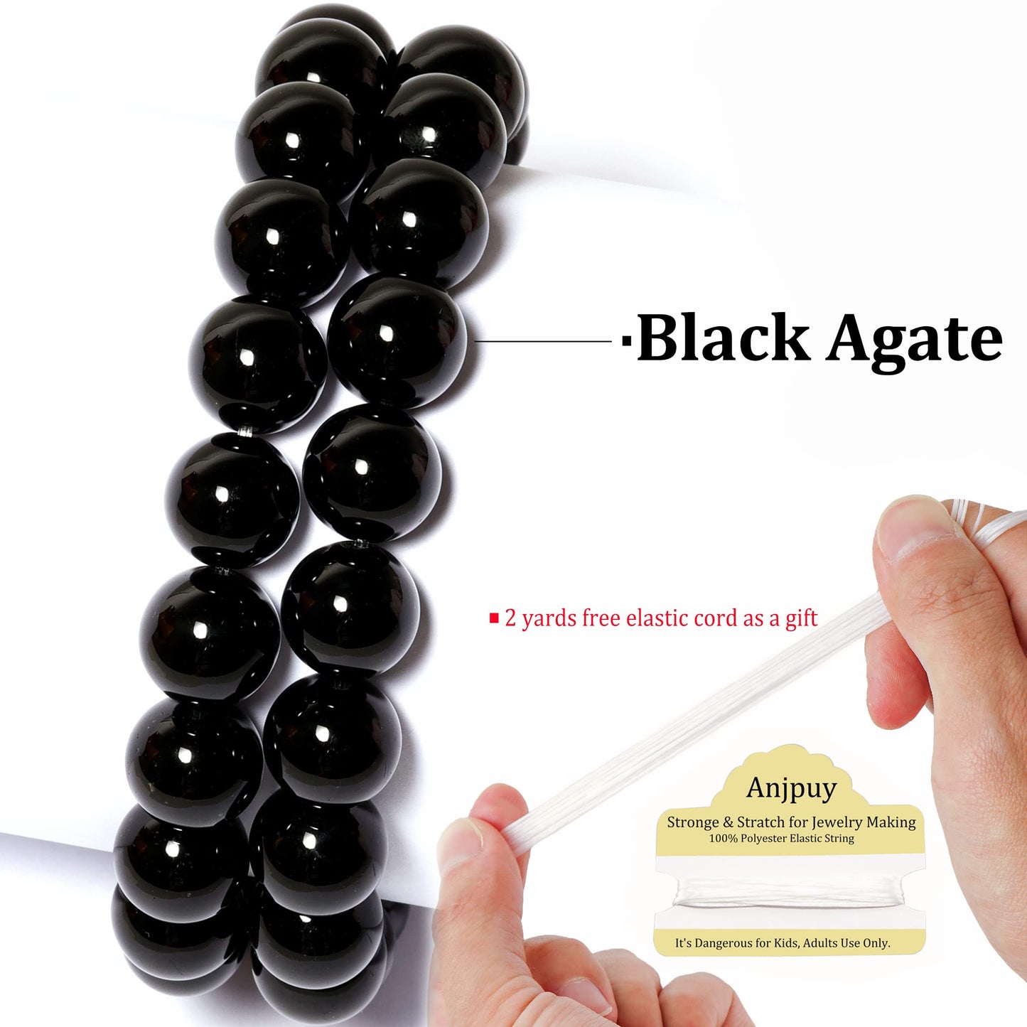 10mm Natural Black Agate Round Bead - 35PCS Bulk Gemstone Beads for Jewelry Making, DIY Bracelets, Necklaces - Includes Crystal Stretch Cord - Beads for Crafting Gifts