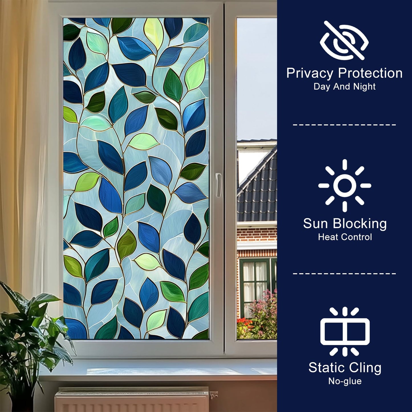 HOMETITUTE Green Leaf Window Privacy Film Blue Stained Glass Privacy Stained Glass Window Film Decorative Living Room Sun Blocking Decor Removable Static Cling Sticker 17.71x39.97inch