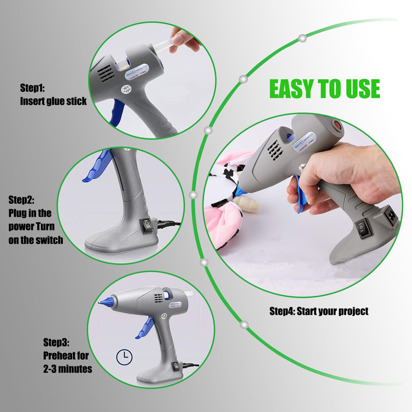 MONVICT Hot Melt Glue Gun with 7 Copper Nozzles, 3 Silicone Finger Covers, 12 Glue Sticks Dual Temperature Switching, Corded Detachable Cord Use Stand-Up Base Anti-drip for Art DIY Craft repair