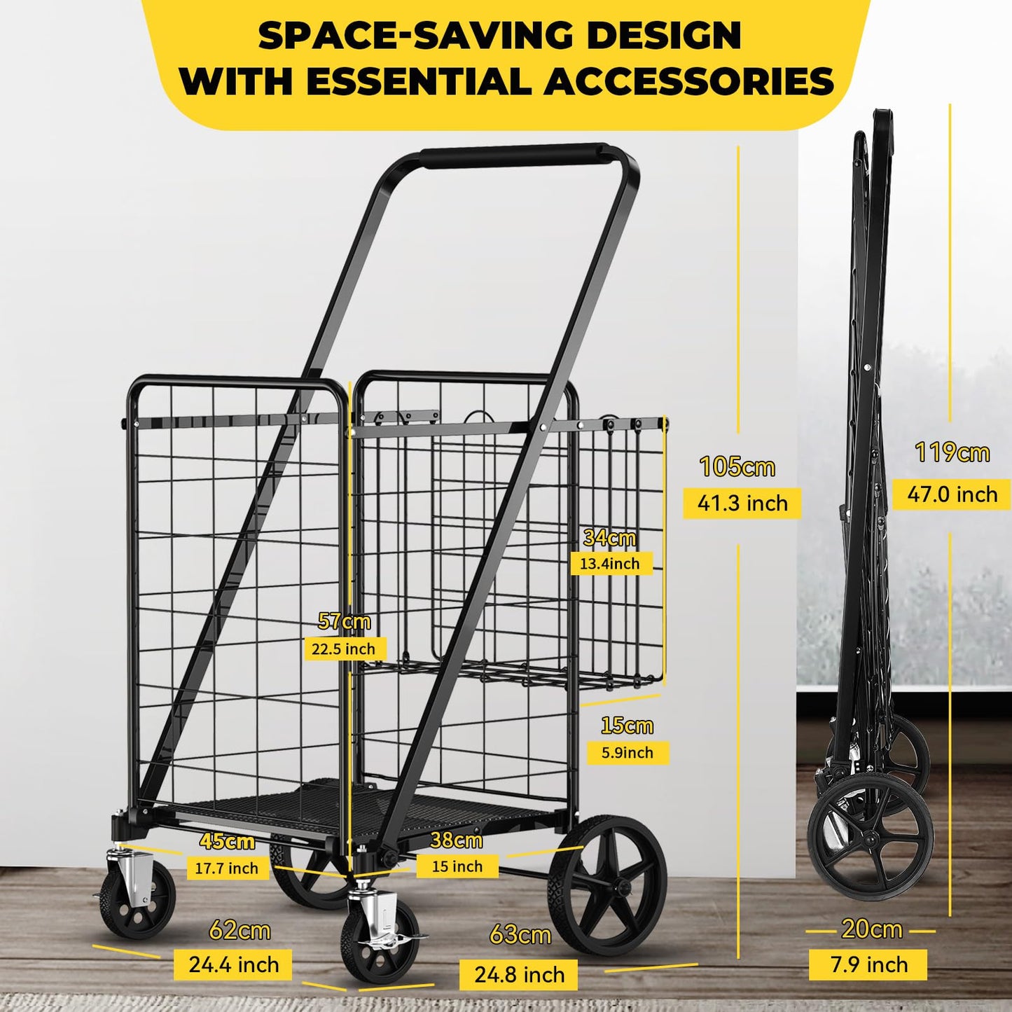XING LANG 4.5 Cu Ft Folding Shopping Cart - 420 LB Capacity Grocery Cart with 360° Braked Swivel Wheels - Heavy Duty Utility Cart with Double Basket & Removable Waterproof Liner with Lid for Laundry