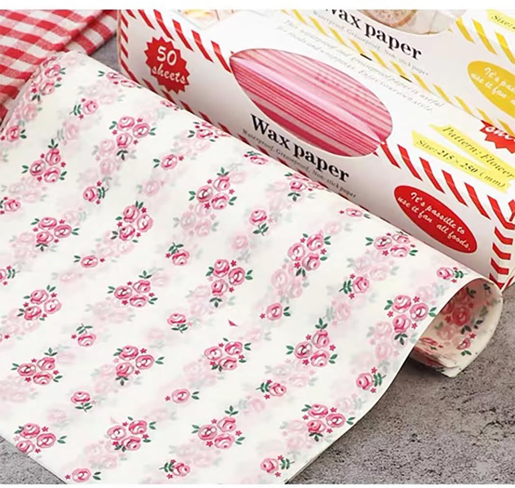 Sunch Craft 100 Sheets Wax Paper Sheets Heart & Rose Pattern Greaseproof Basket Liners Wrap Paper Sandwich Burger Chips Cookies Deli Paper Food Grade Baking Parchment 8.5 x 9.8 in