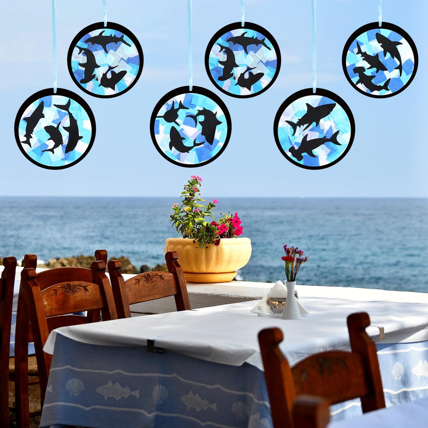 Tinlade 24 Set Summer Shark Crafts Under The Sea Shark Tissue Paper Suncatcher Craft Kit DIY Beach Ocean Animal Hanging Ornaments Make Your Own Window Decor Summer Classroom Party Decoration Supplies