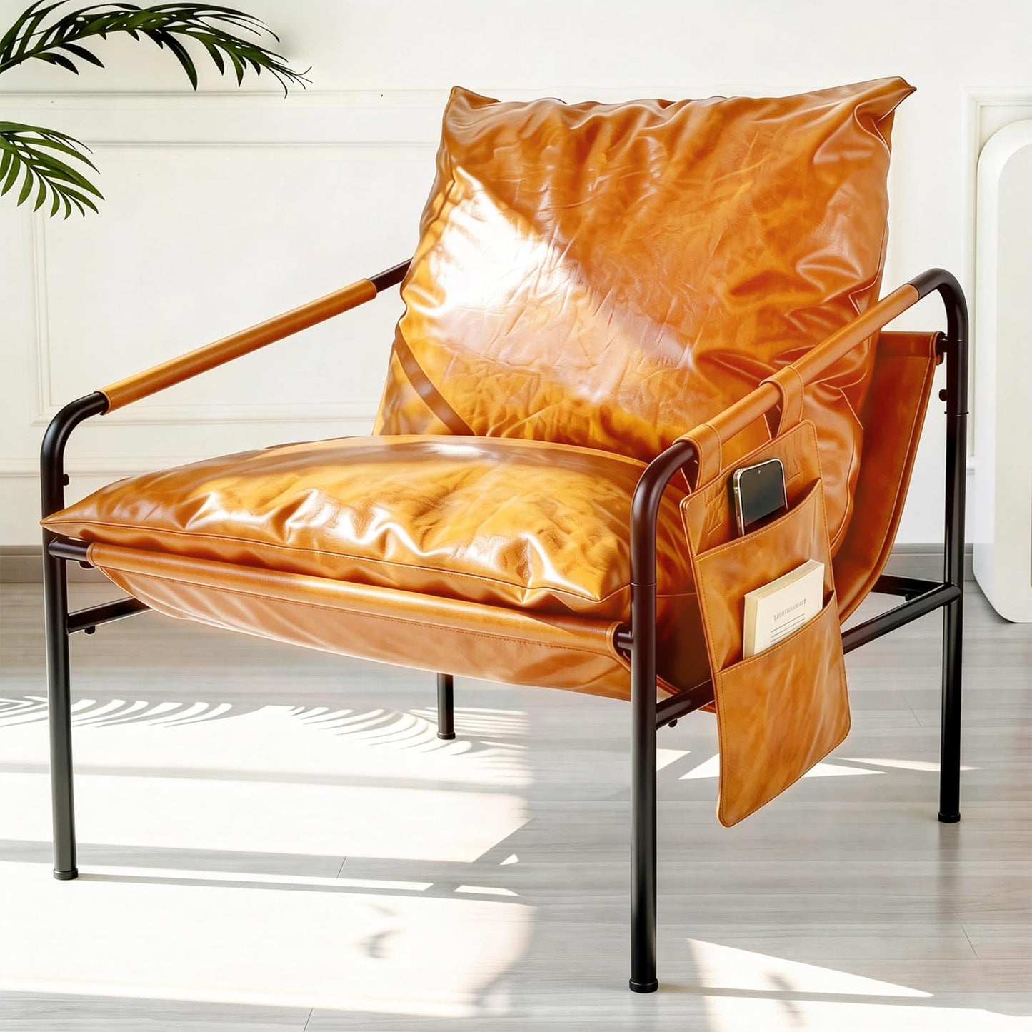 HavBeat Modern Bright Orange Oversized Faux Leather Recliner Armchair, Comfy Accent Chair with Sturdy Metal Frame Armrest Bag, Indoor Outdoor Couch Sofa Chair for Living Room Bedroom Patio Lounge