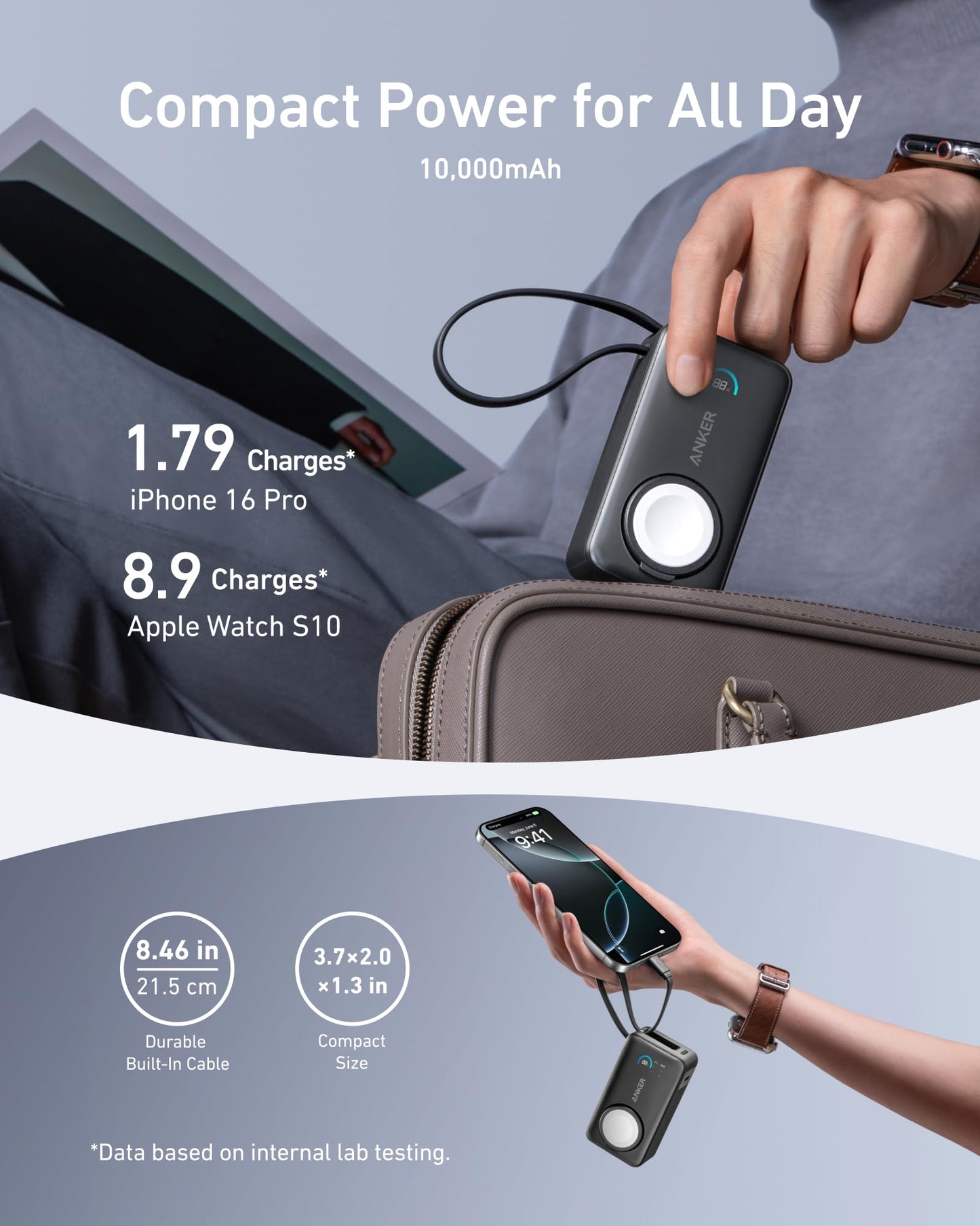 Anker MagGo Power Bank for Apple Watch, Officially Certified 10,000mAh Compact Battery Pack with Built-in USB-C Cable, 35W Max, for iPhone 15 Series, Samsung, iPad, AirPods, and More(Black)