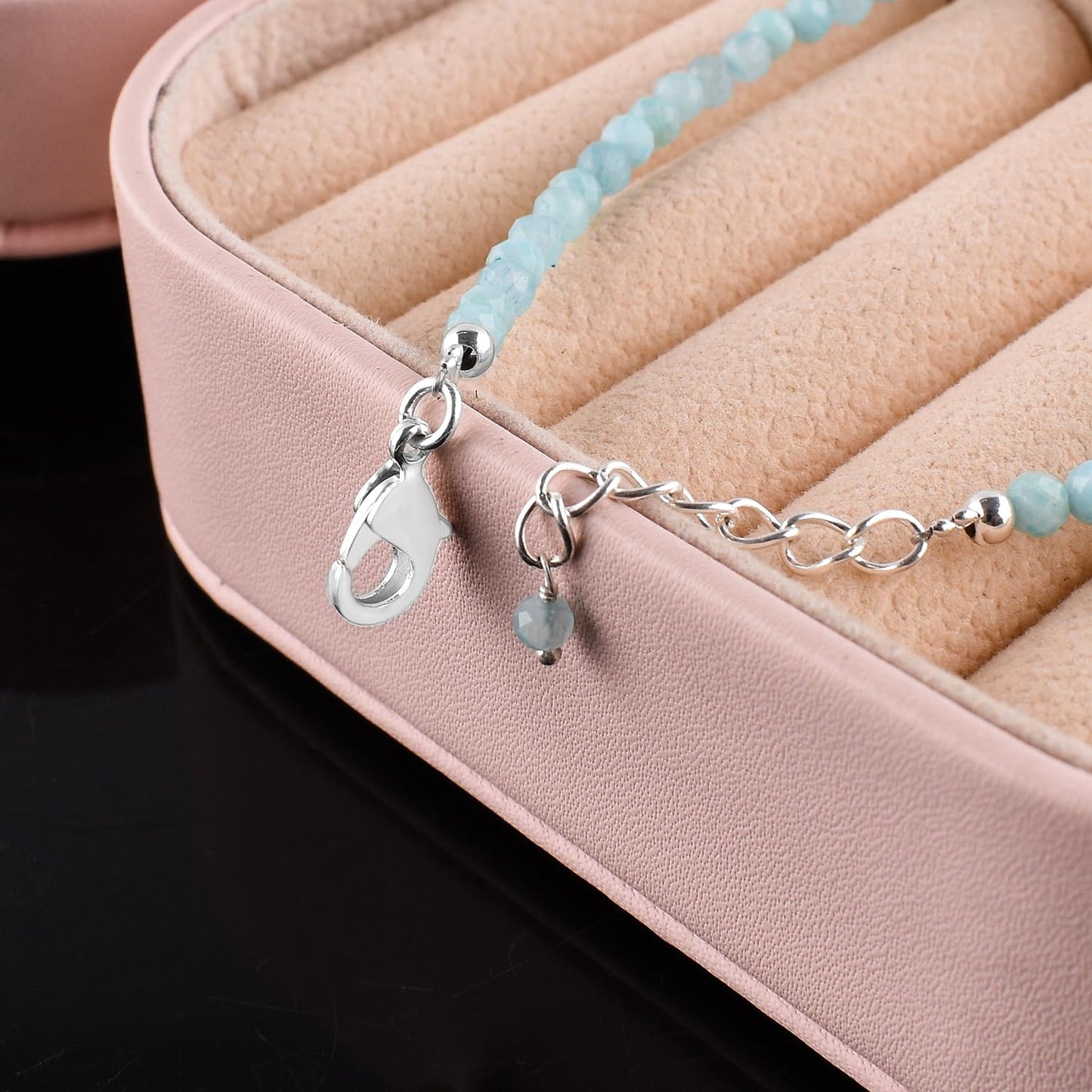 Natural Larimar Jewelry for Women Dolphin Stone- Pectolite -Sea- Caribbean Gemstone Beads Dainty Bracelet, Birthstone Energy Crystals, Silver Plated Chain 8 inch, Trendy Jewelry For Her