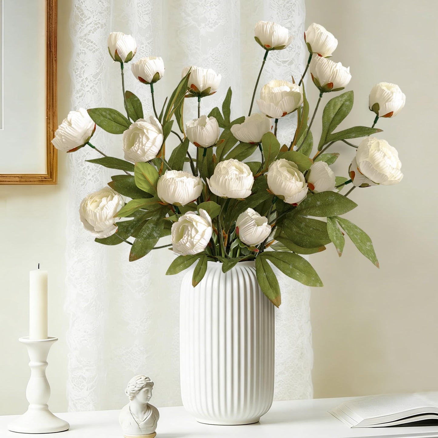 Cherica 6Pcs Viral Peony Artificial Flowers for Vase，27in Real Touch Fake Flowers Branches with Flexible Wired Stems for Home Decor DIY Bouquet Centerpieces Wedding Shower Fillers Arrangements,White