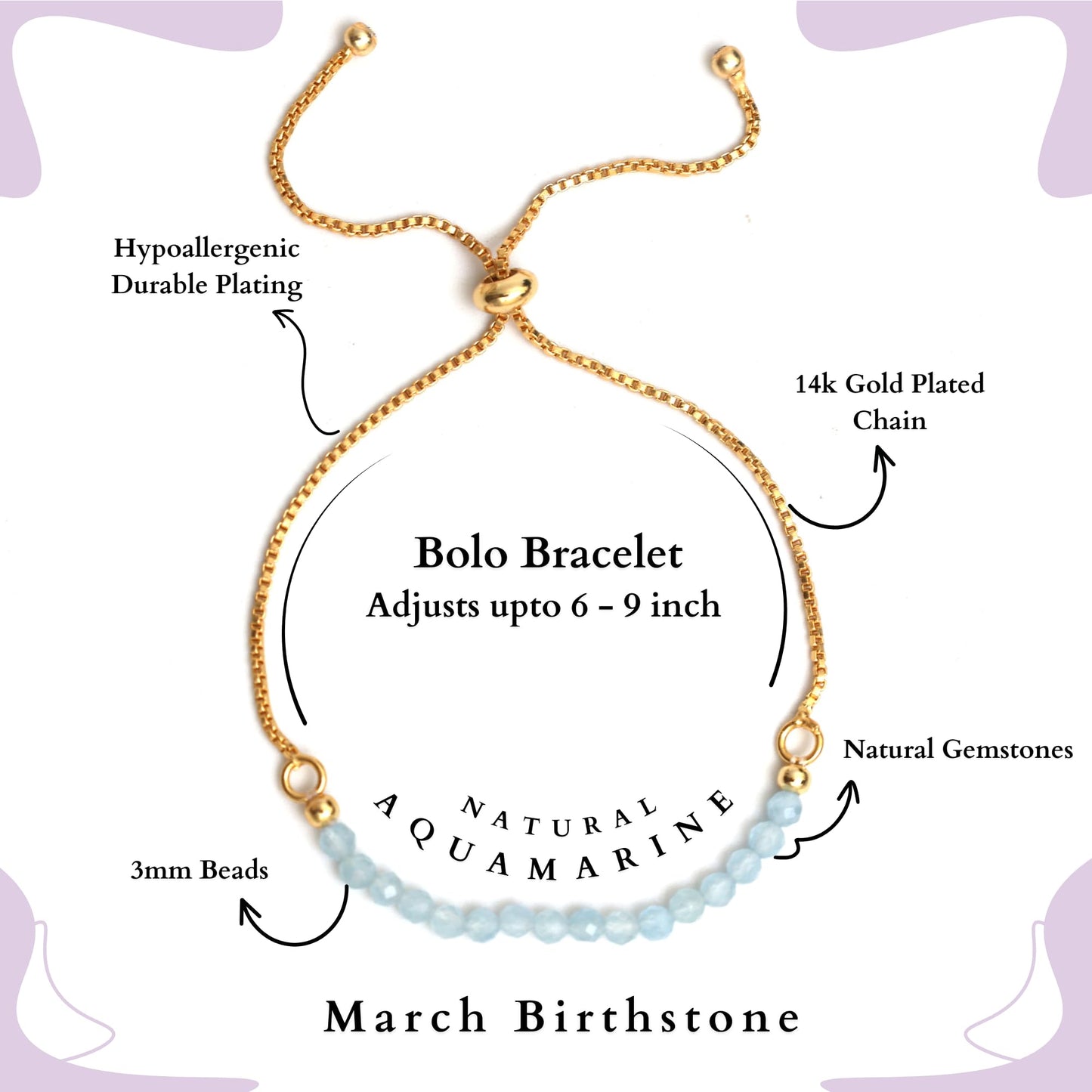 Gempires Birthstone Bracelets for Women, March Birthstone Jewelry, Aquamarine Gemstone Bolo Bracelet, 14k Gold Plated Chain (6-9 inch Adjustable Length)