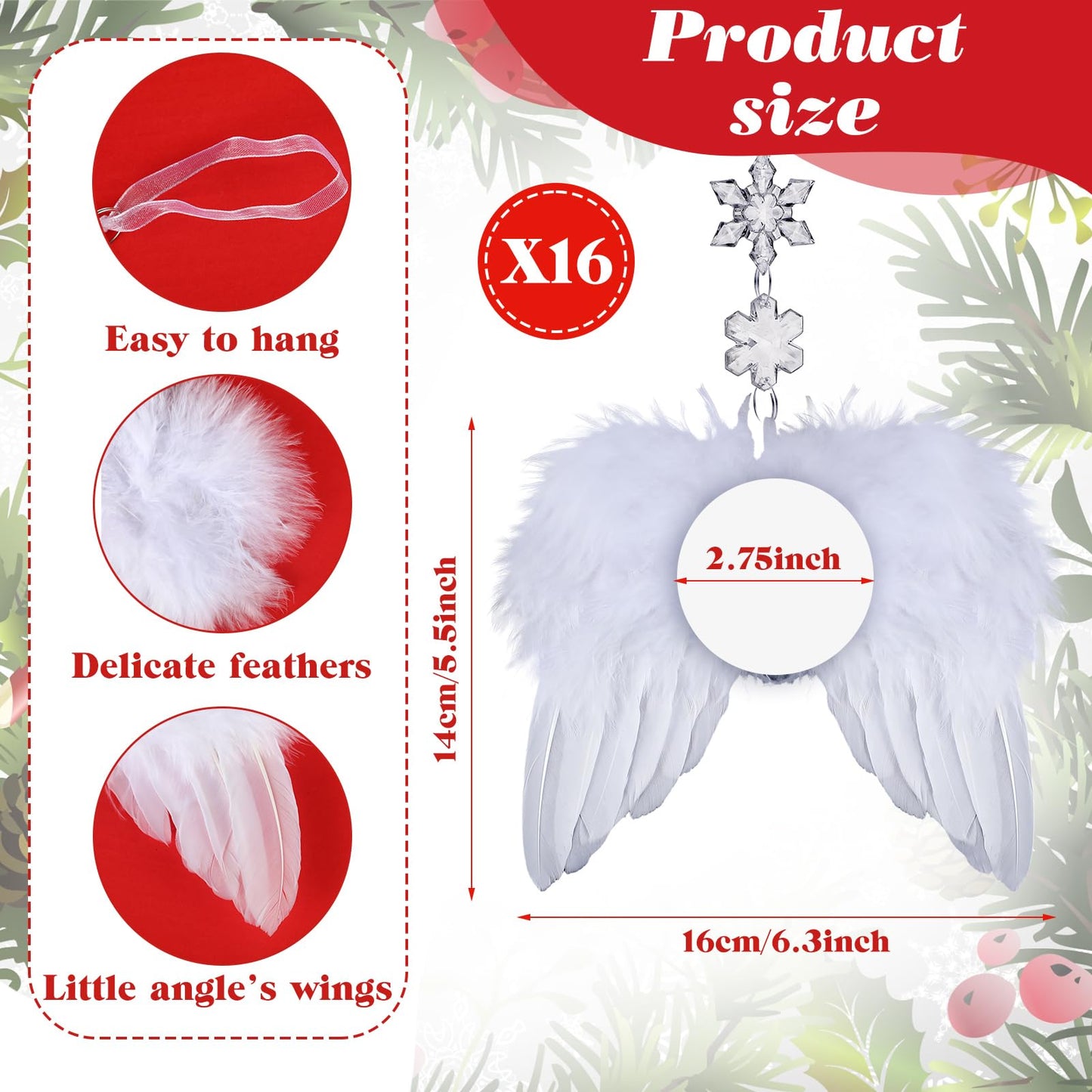Huwena 48 Pcs Christmas White Angel Wings Ornament Angel Feather Wings with Round Sublimation Blank Pendants Hanging Acrylic Snowflake Crystal Ornaments for Christmas Tree DIY Crafts Party Decor