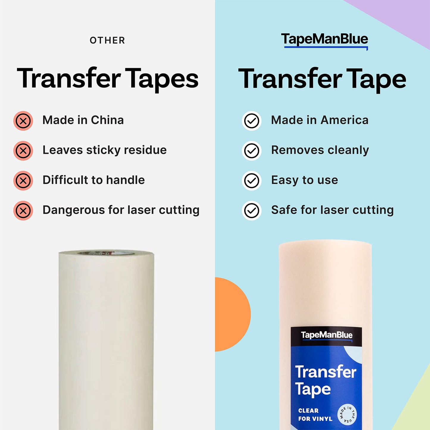 TapeManBlue 24" x 300' Roll of Clear Transfer Tape for Vinyl, Made in America, Premium-Grade Vinyl Transfer Tape with Medium-High Tack Adhesive for Applying Decals, Letters, and Graphics