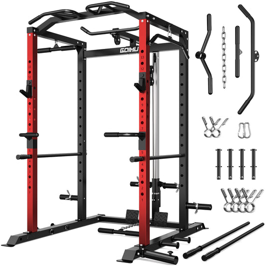 Goimu C1-V4 Power Cage, 2000LBS Squat Rack with LAT Pulldown, Multi-Function Weight Cage Strength Training Machine, Workout Cage with More Attachments for Home Gym Garage (C1-SE RD)