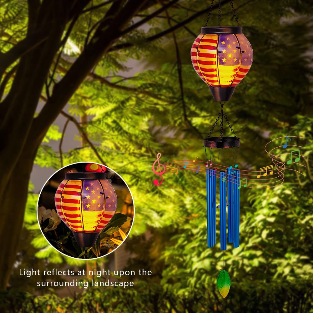 Solar Wind Chimes for Outdide,American Flag Solar Hot Air Balloon Wind Chime with Flame Flickering Light,Glass Windchimes with 5 Thicken Tubes,4th of July Decorations for Garden