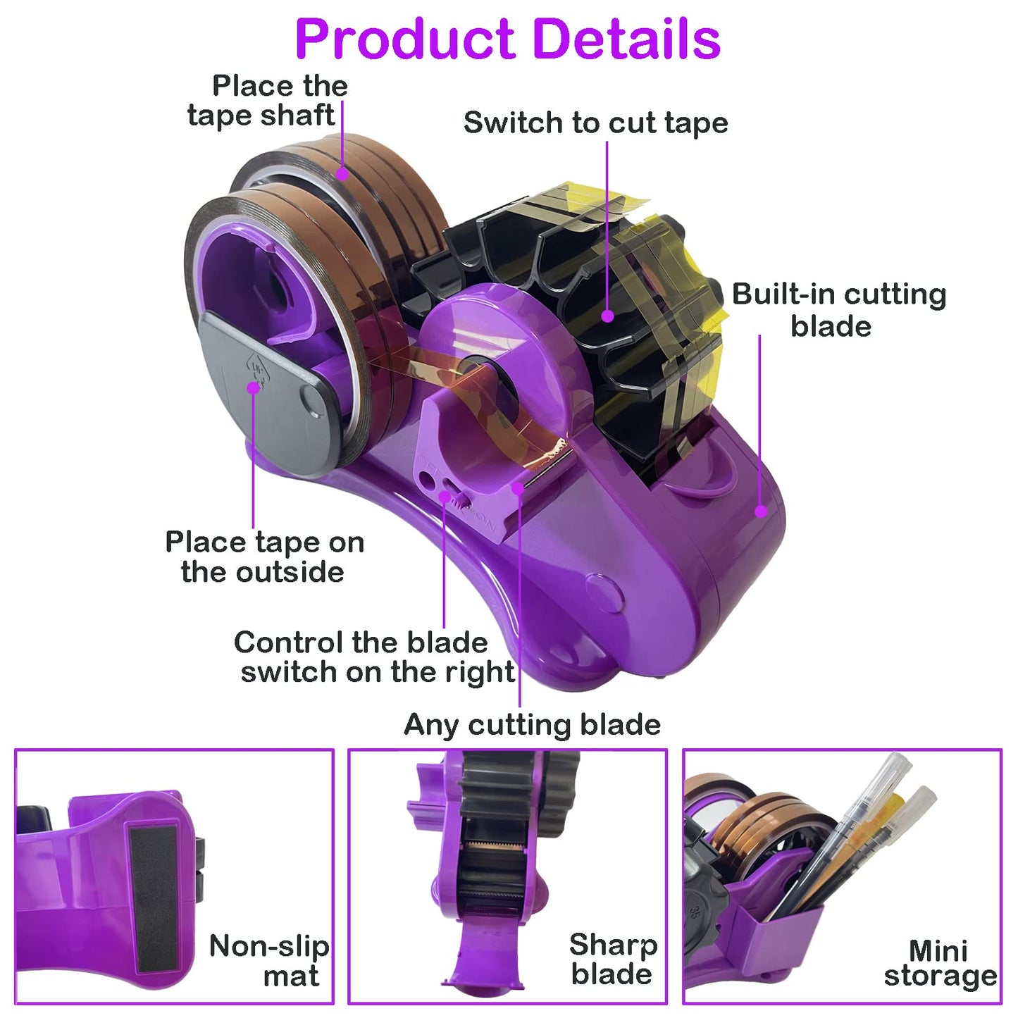 Heat Tape Dispenser Sublimation for Heat Transfer Tape, TL-JIYPU Multi-Roll Cut Heat Tape Dispenser, Heat Press Thermal Tape Holder Dispenser for Desk with 1 inch, 3 inch Core, Semi-Automatic, Purple