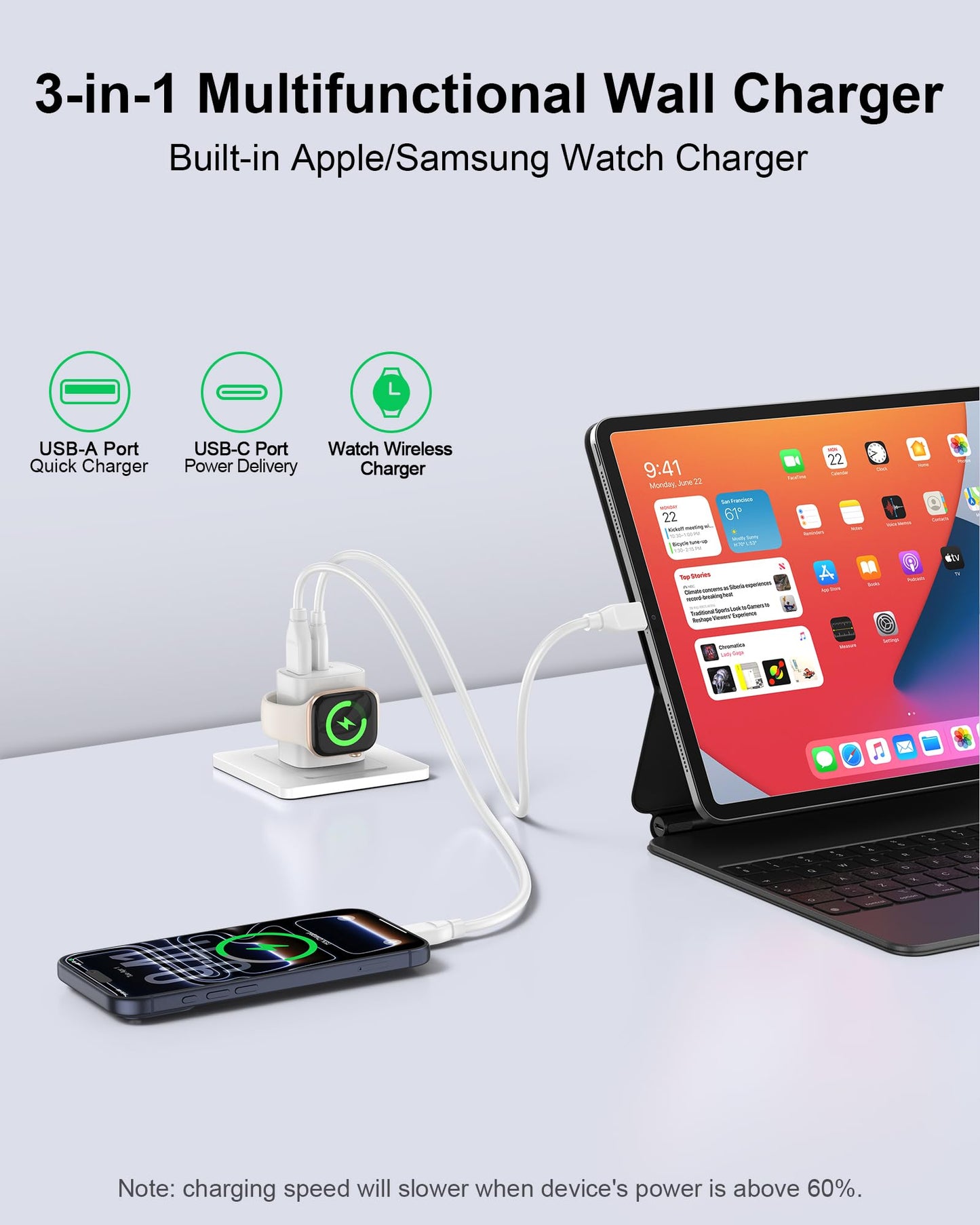 Portable Charger for Apple Watch, Dual Port Wall Charger Power Block, 3 in 1 iWatch Wireless Charge Cube, PD20W + QC18W Fast Charging Wall Plug for iPhone 17e 17 Pro Max 16e 16 15 14 13 12, iPad-White