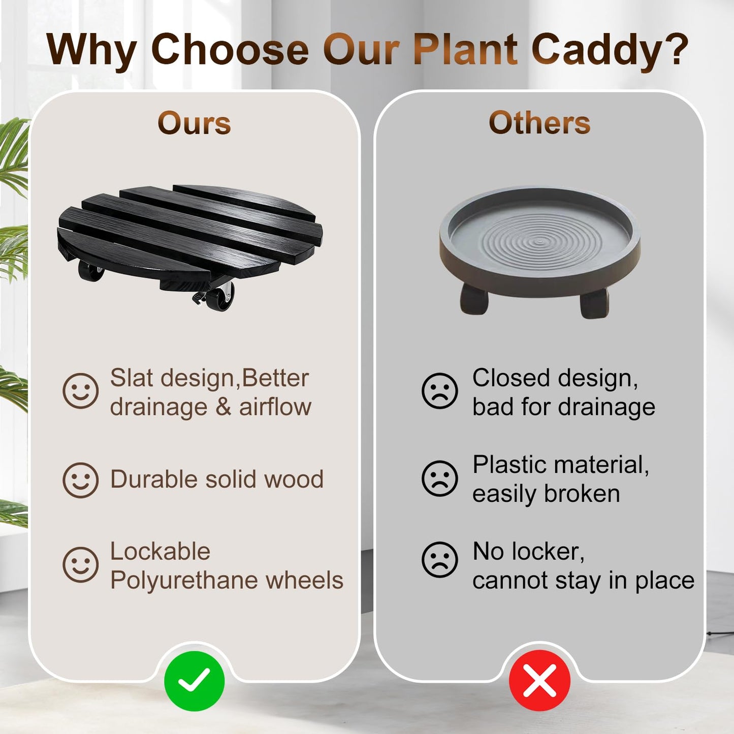IBGUC 2 Pack Plant Caddy with Wheels 13'' Rolling Plant Stand Indoor Outdoor, Heavy Duty Wooden Plant Stand with Wheels 300Lbs Capacity with 360°Lockable Rolling Base for Pot, Planter, Tray, Patio