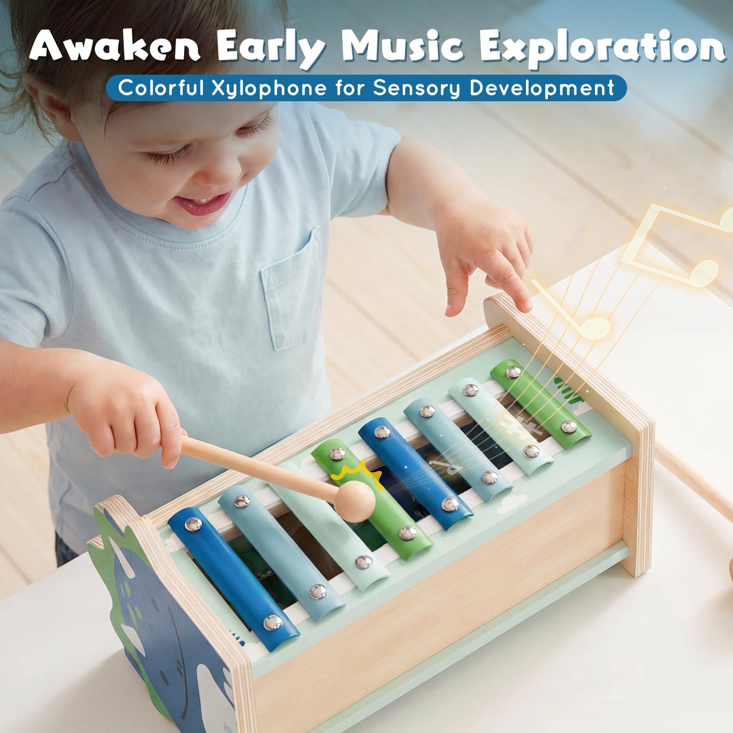 Lehoo Castle Baby Montessori Toys for 1 2 Year Old, Wooden Hammering Pounding Toy with Xylophone, Educational Learning Activities for 1 2 3 Year Old Boys First Christmas Birthday Gifts - Dinosaur