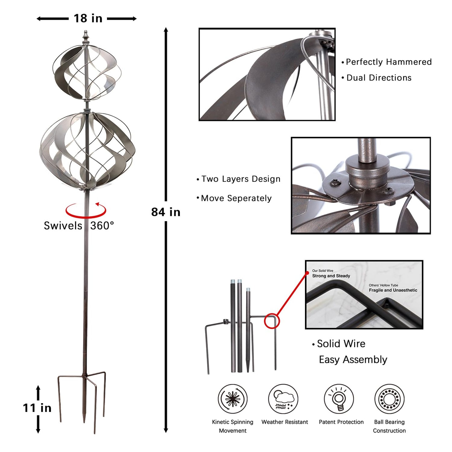 Winwindspinner Wind Spinners Outdoor Metal - Large Kinetic Wind Spinner for Yard Garden, Windmills Lawn Ornament Décor for Lawn Patio (Height 84")