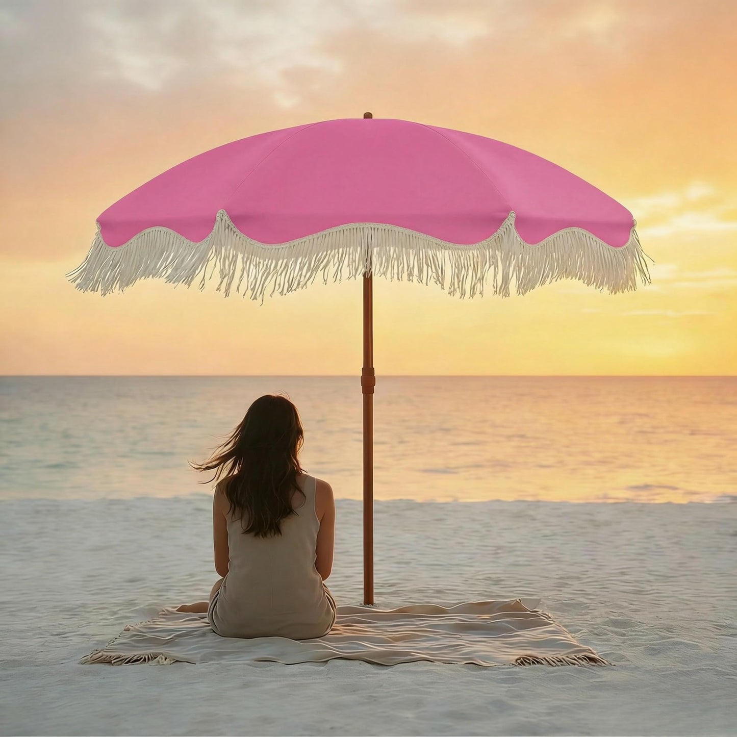 Patio Kingdom 7ft Patio Umbrella with Fringe, Boho Beach Umbrellas, Outdoor Tassels Umbrellas with Push Button Tilt & Carrying Bag, 8 Windproof Fiberglass Ribs, UPF50+, Light Pink